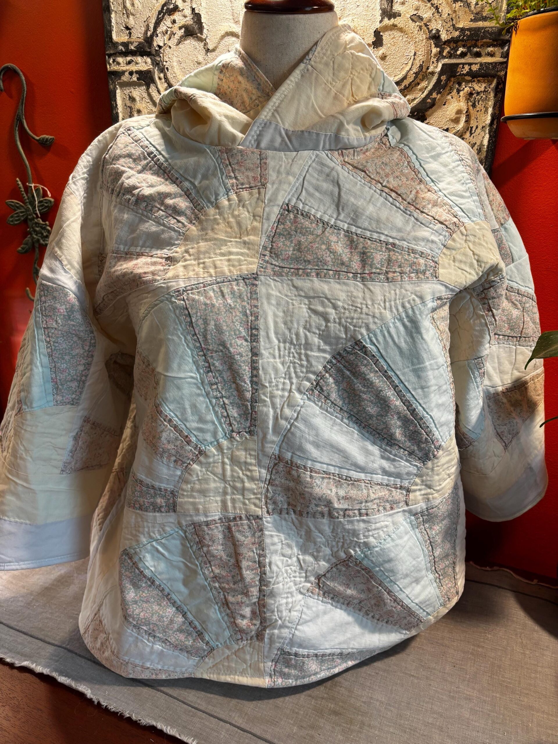 Antique Quilt Coat Handmade Vintage Patchwork Jacket One of a Kind Hoodie “Pearl”