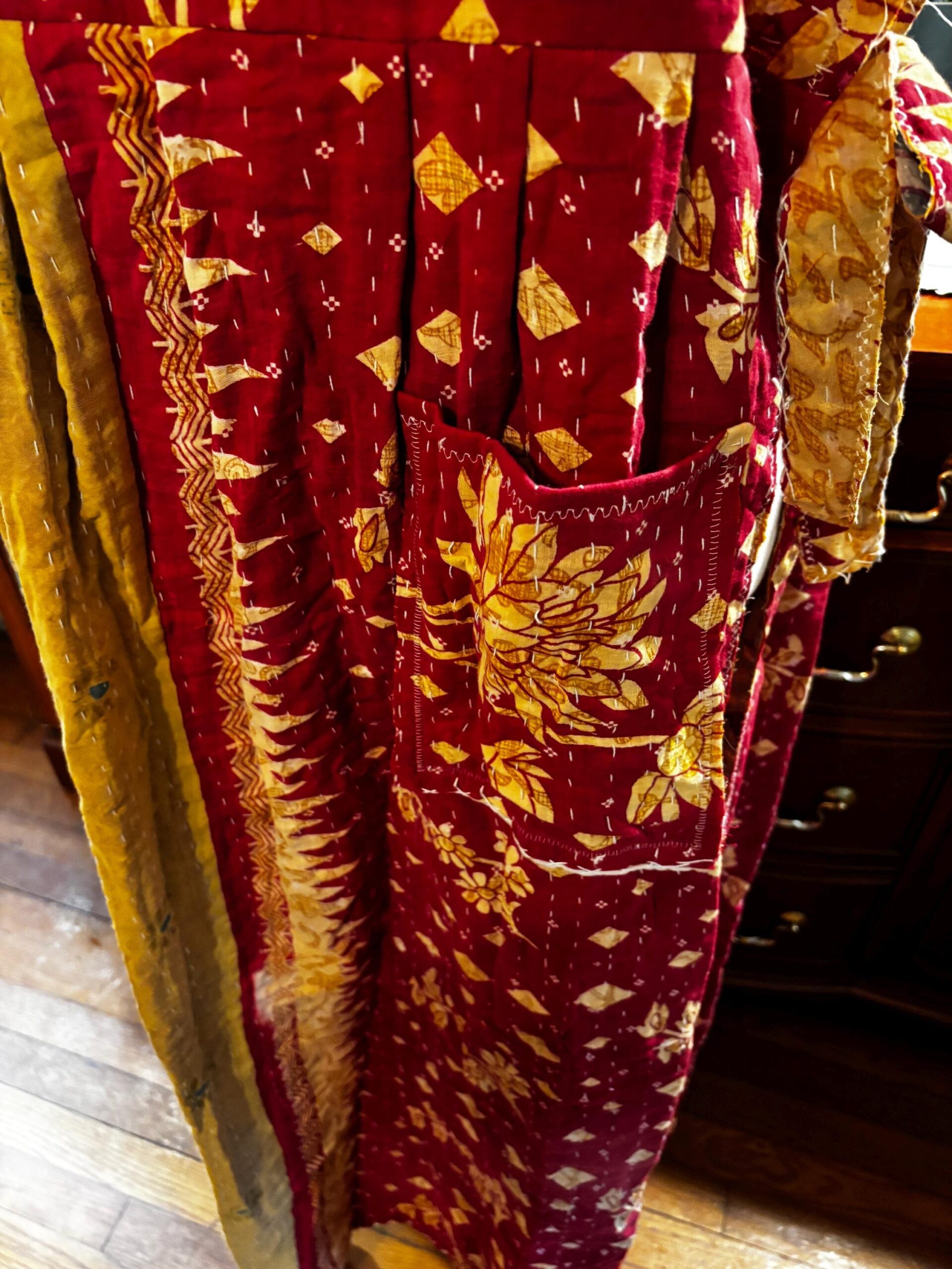 Apron style side tie wrap maxi dress made from repurposed sari “Lotus” XS/S