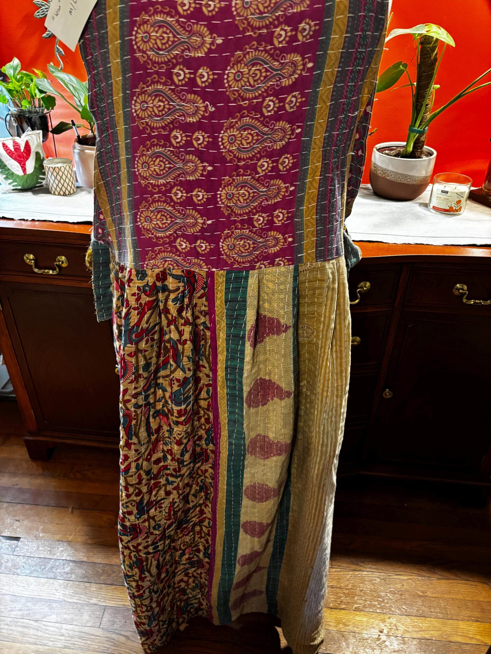 Apron style side tie wrap maxi dress made from repurposed sari “Wren” M/L