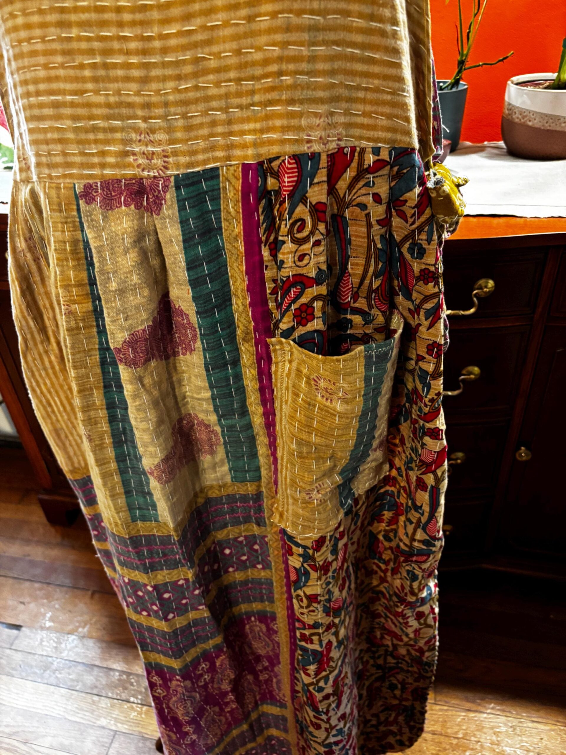 Apron style side tie wrap maxi dress made from repurposed sari “Wren” M/L