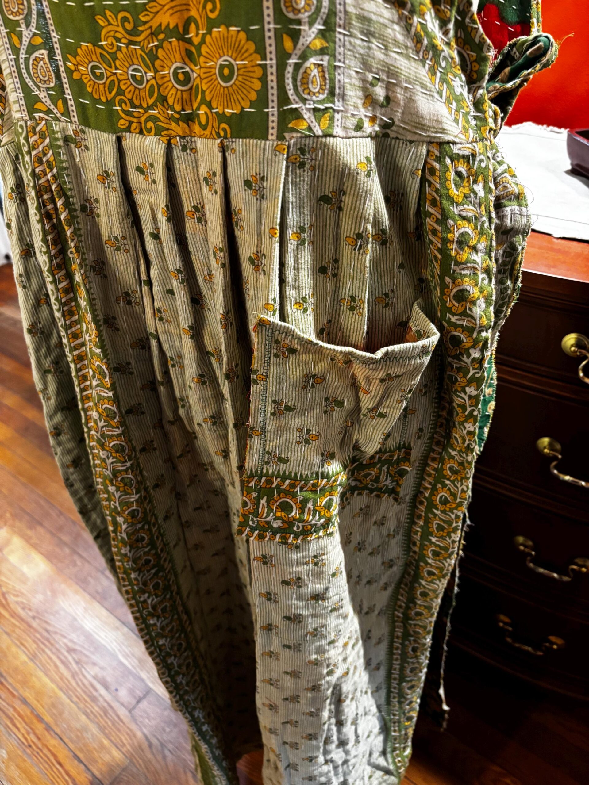 Apron style side tie wrap maxi dress made from repurposed sari “Isadora” xs-m