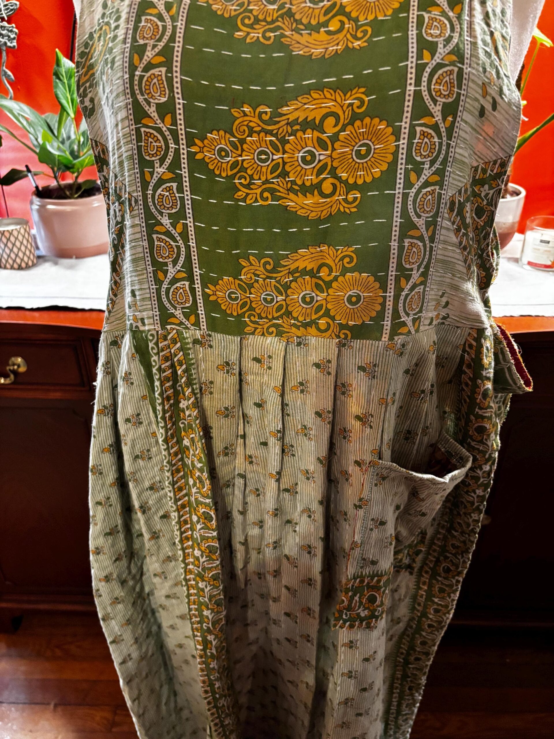 Apron style side tie wrap maxi dress made from repurposed sari “Isadora” xs-m