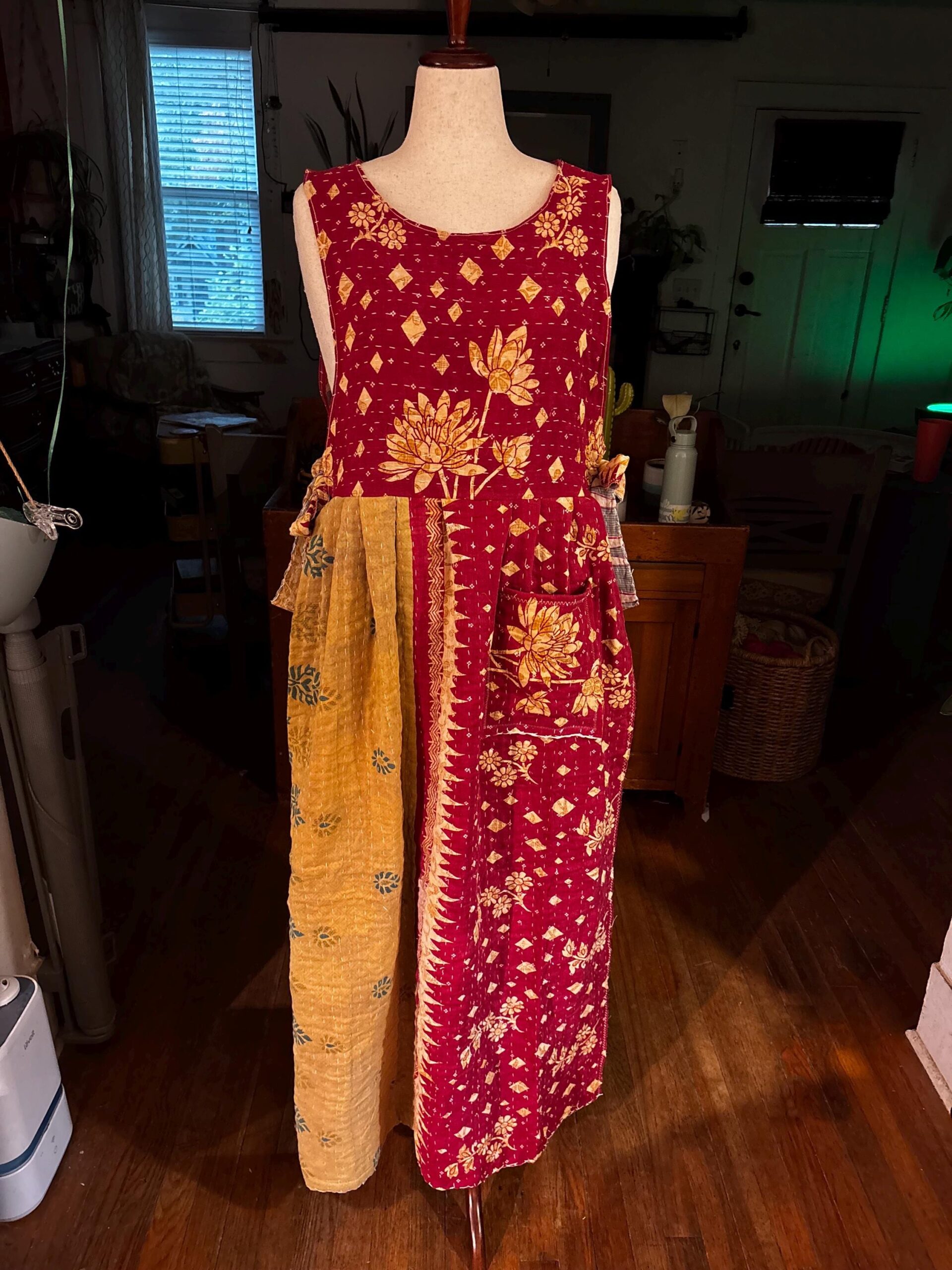 Apron style side tie wrap maxi dress made from repurposed sari “Lotus” XS/S