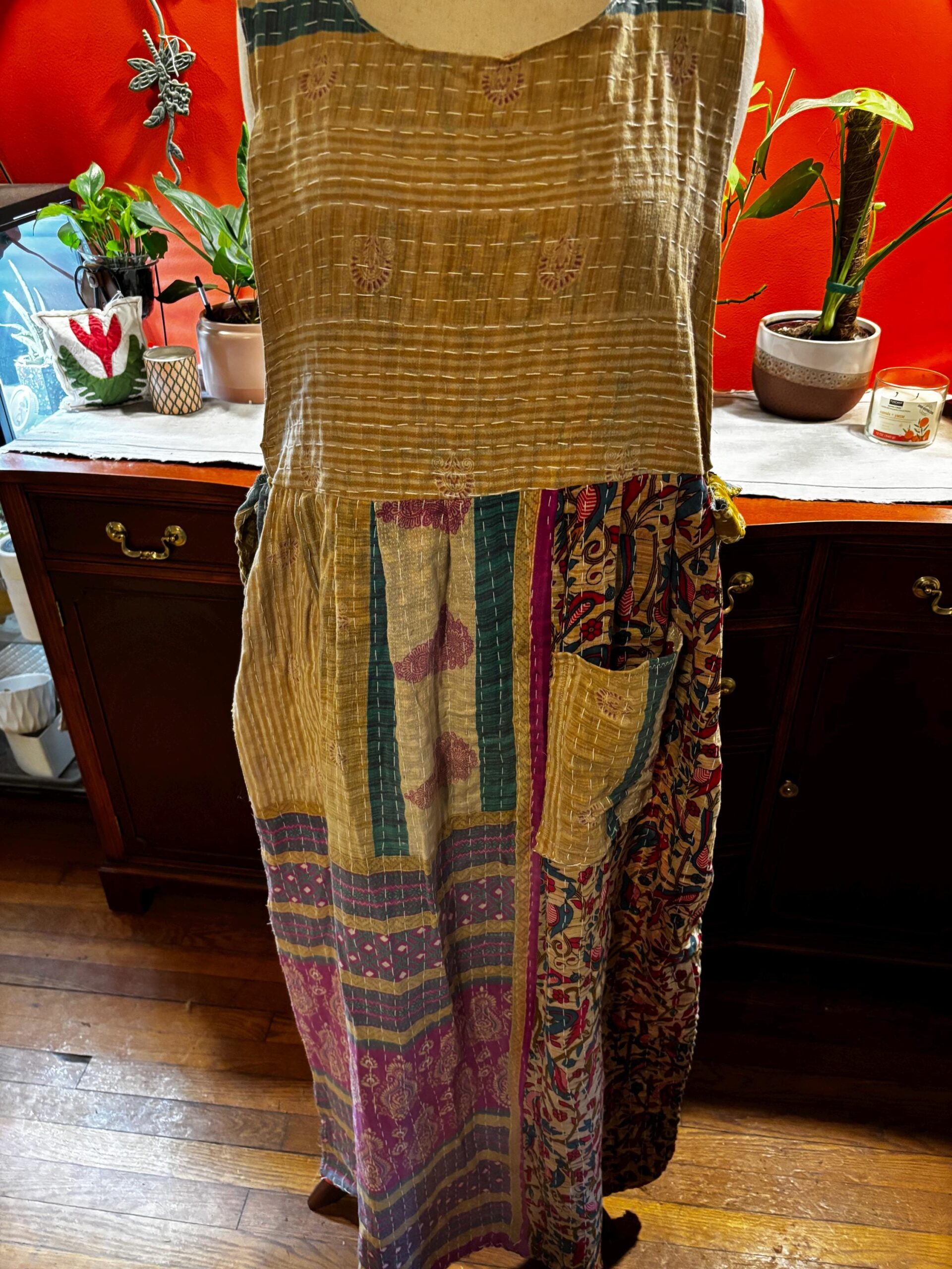 Apron style side tie wrap maxi dress made from repurposed sari “Wren” M/L