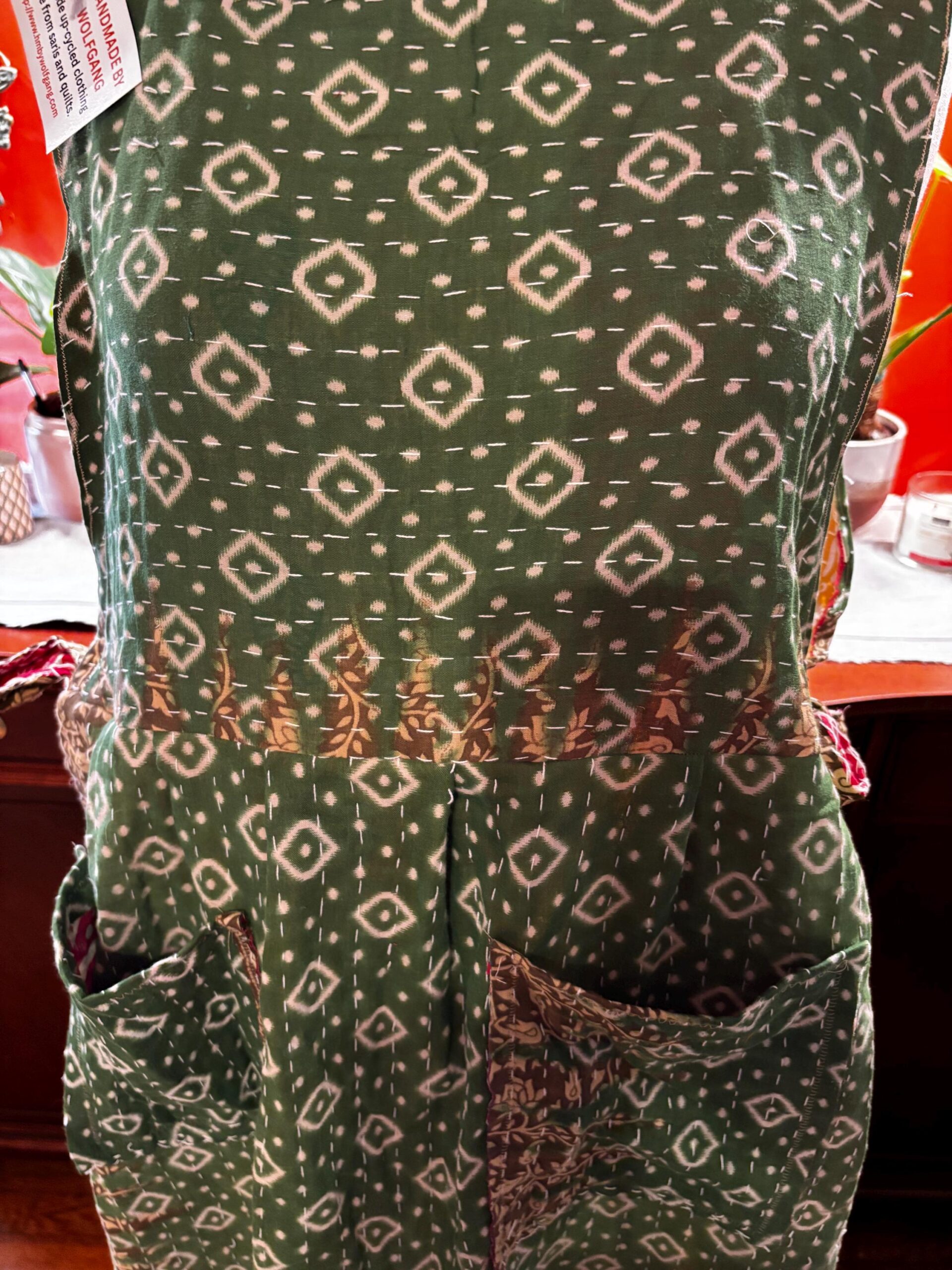 Handmade Repurposed Sari Maxi Dress – Green Ikat Diamond Print, M-XL