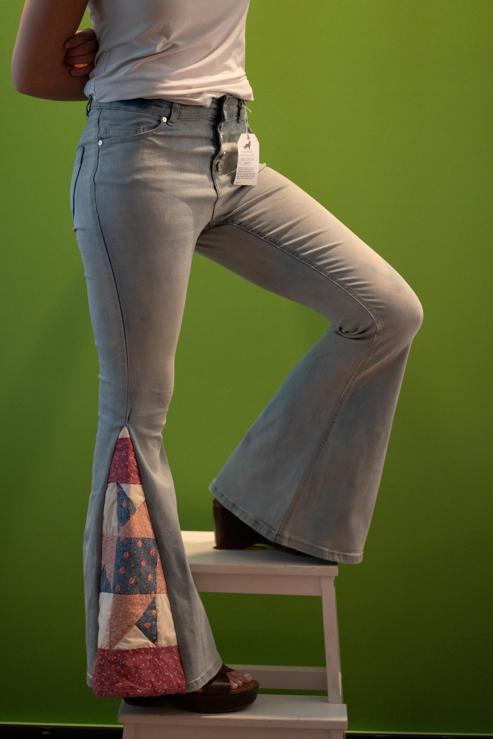 Joni | Upcycled Bell Bottom Jeans | Vintage Quilt Panels | Size 27 | One of a Kind | Wolfgang