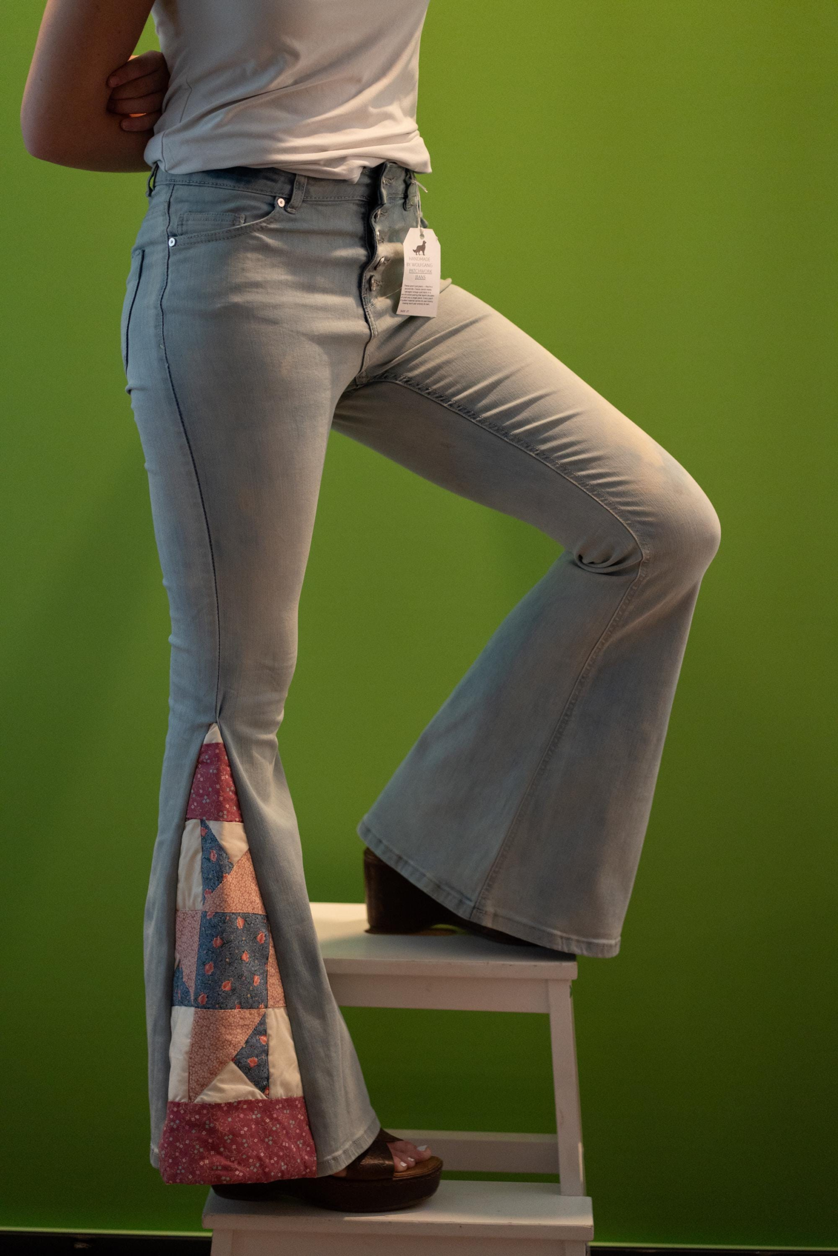 Joni | Upcycled Bell Bottom Jeans | Vintage Quilt Panels | Size 27 | One of a Kind | Wolfgang