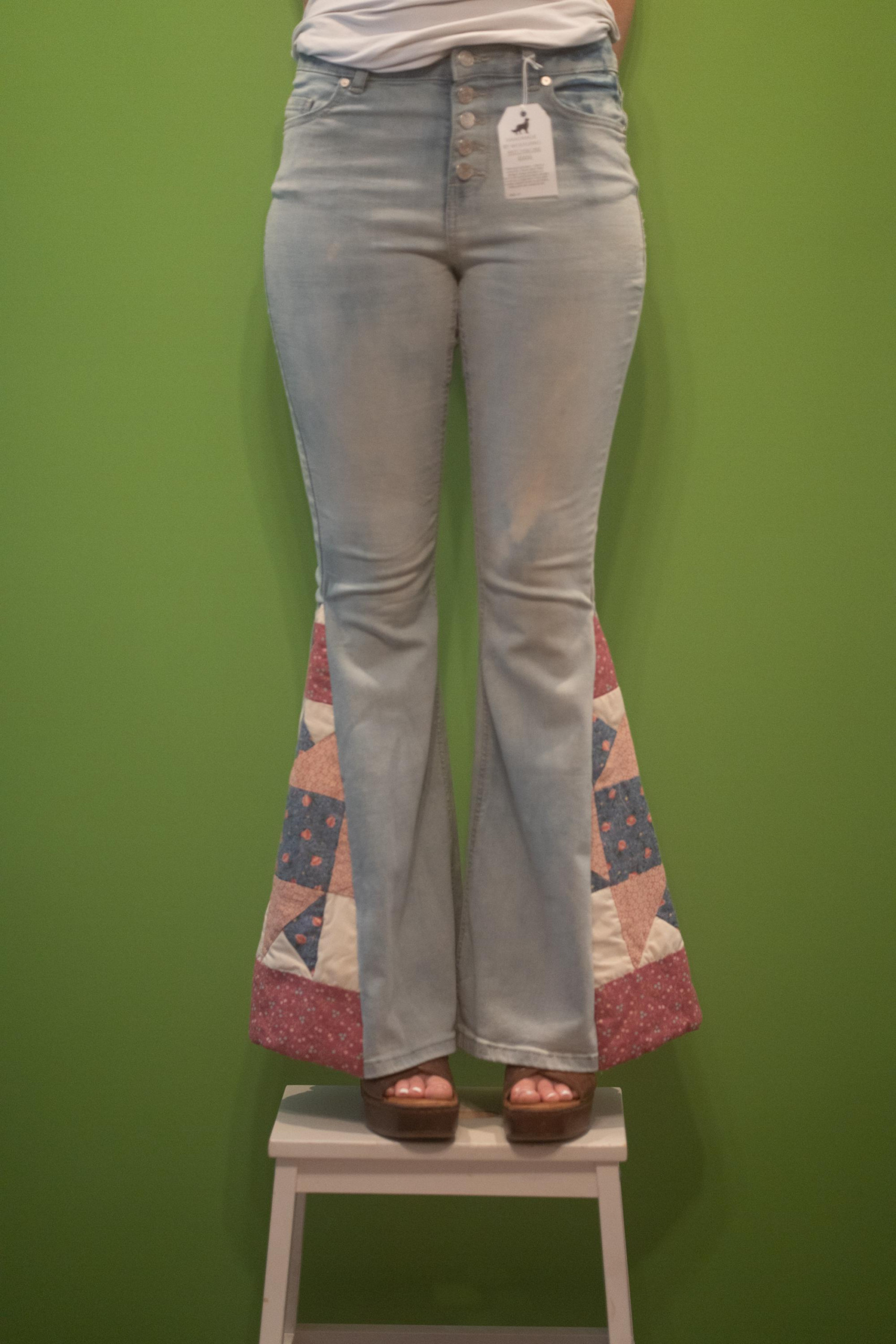 Joni | Upcycled Bell Bottom Jeans | Vintage Quilt Panels | Size 27 | One of a Kind | Wolfgang
