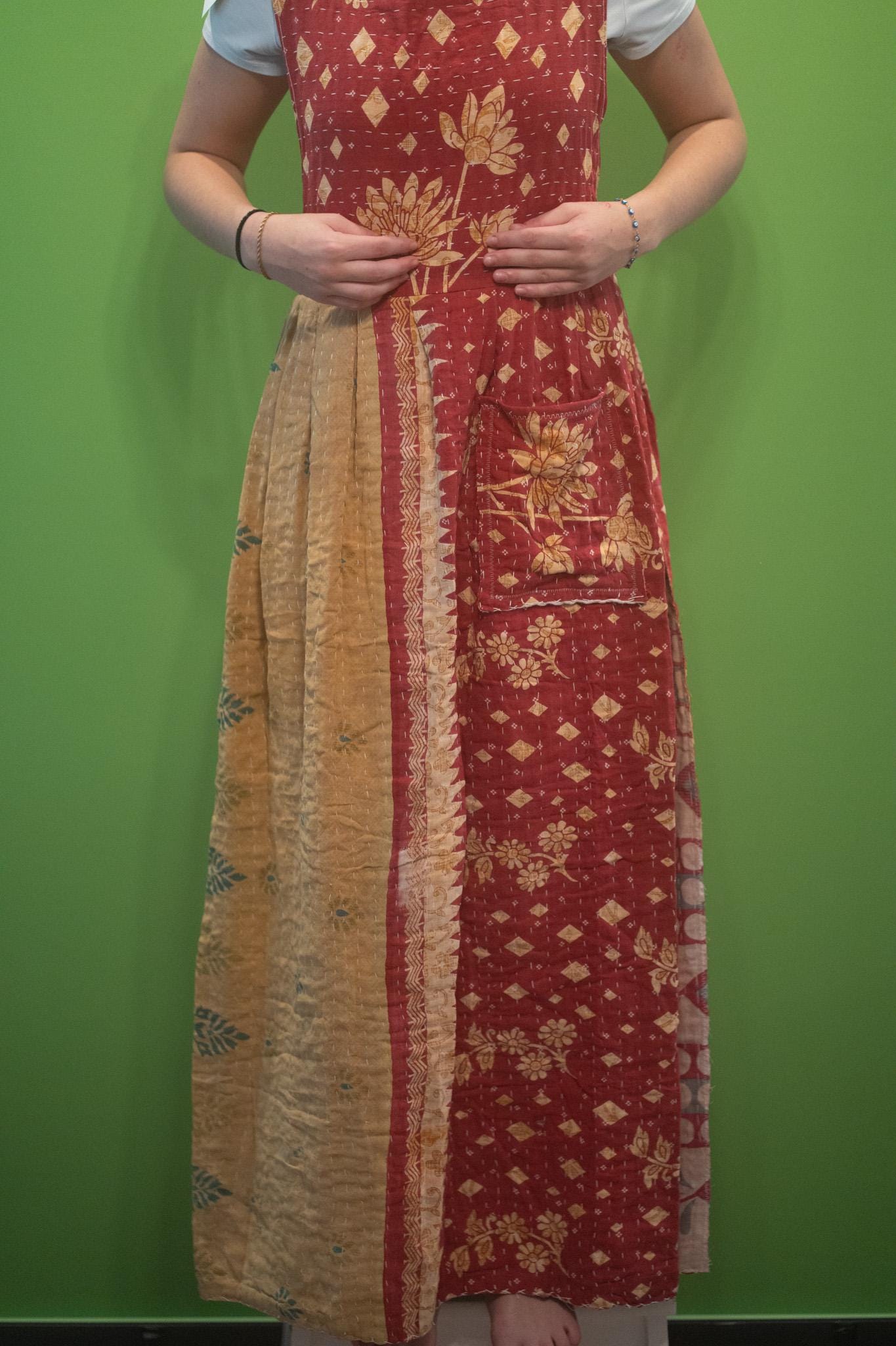 Apron style side tie wrap maxi dress made from repurposed sari “Lotus” XS/S