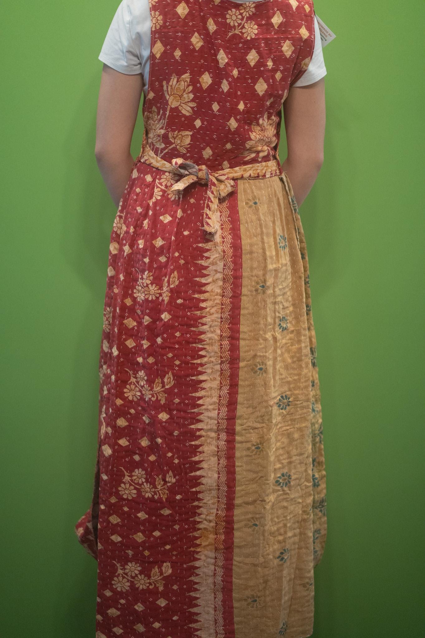 Apron style side tie wrap maxi dress made from repurposed sari “Lotus” XS/S