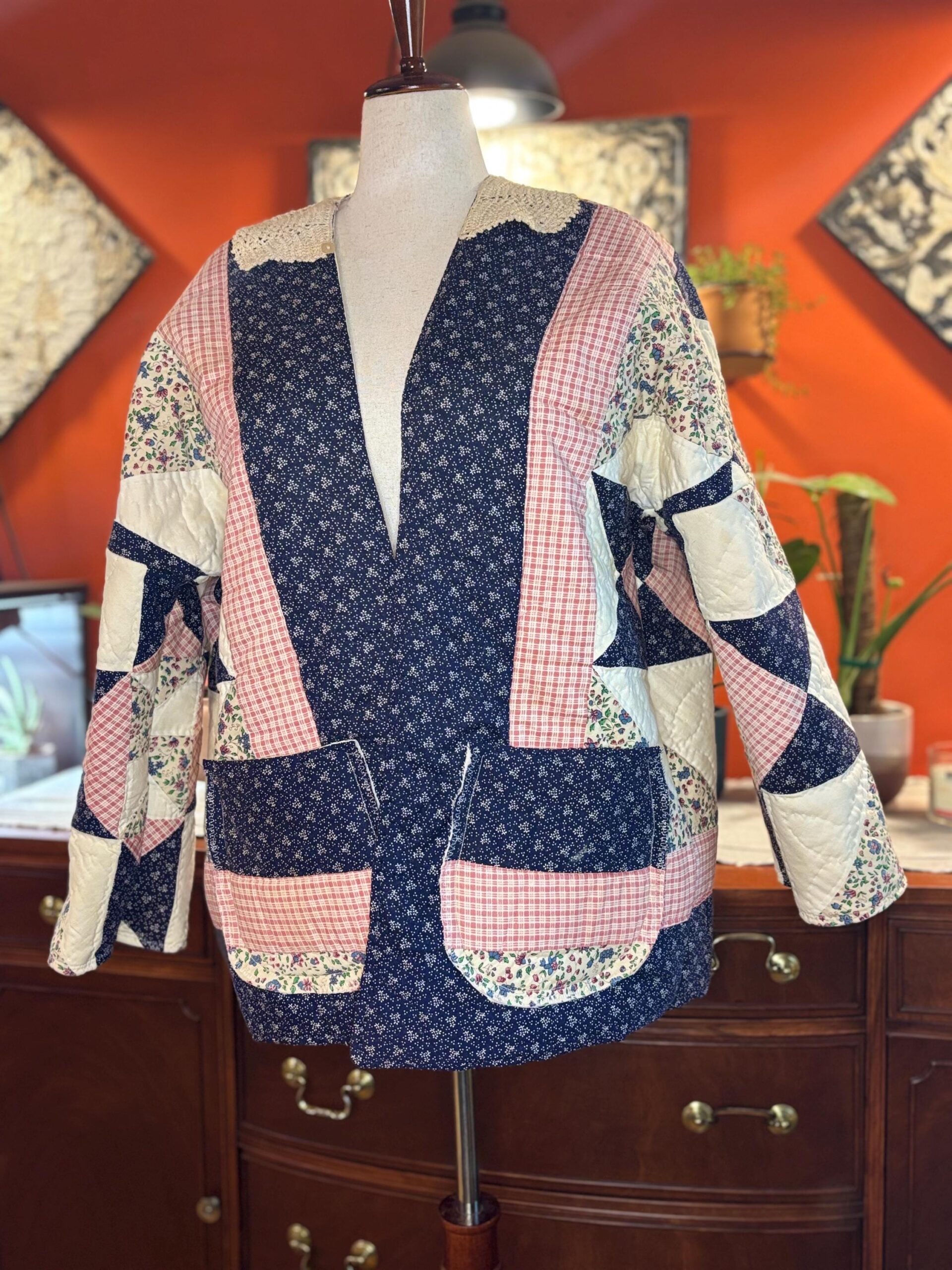 Handmade Quilt Coat | Vintage Crochet Collar, Navy Floral Plaid | One of a Kind