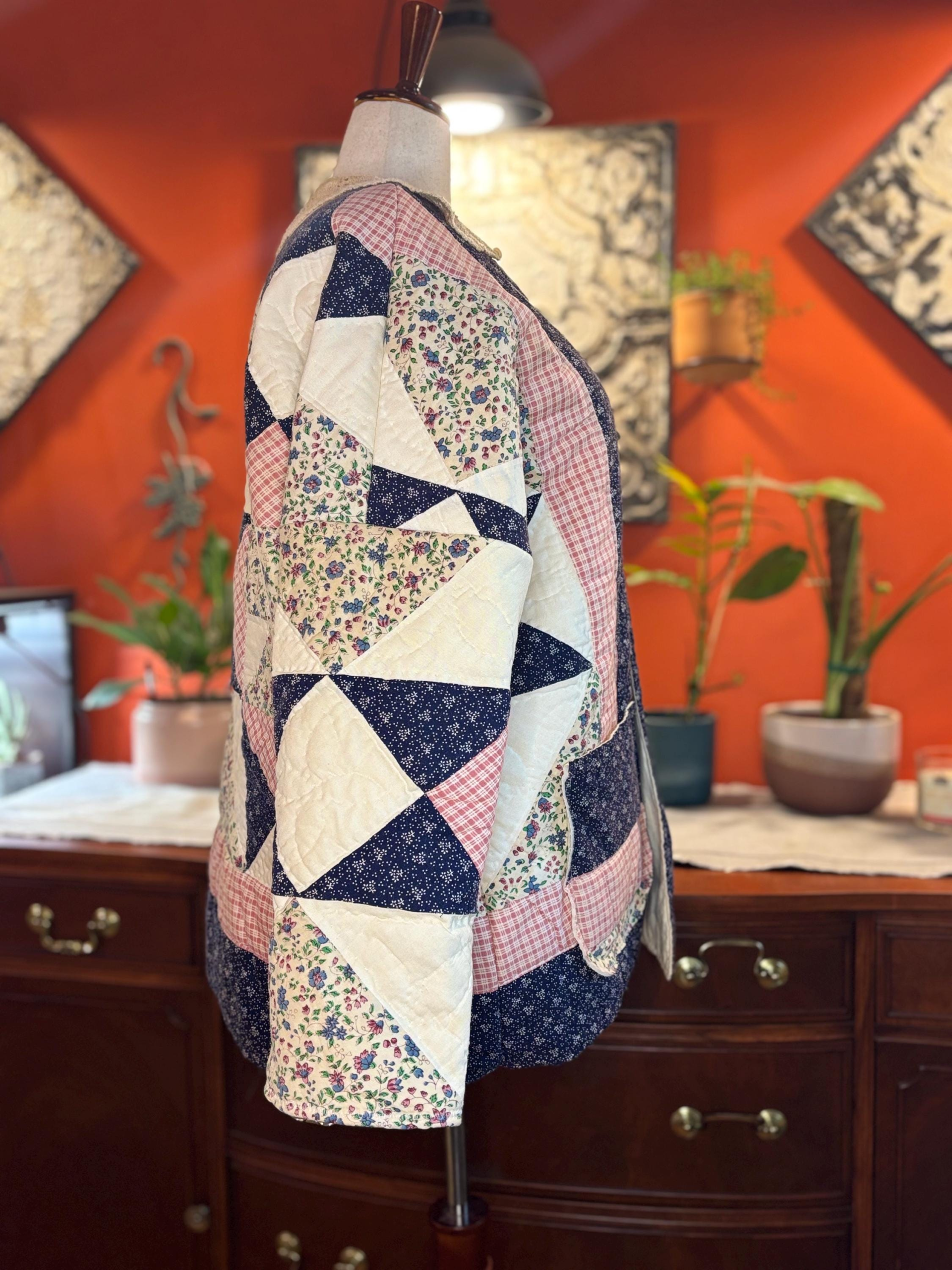 Handmade Quilt Coat | Vintage Crochet Collar, Navy Floral Plaid | One of a Kind