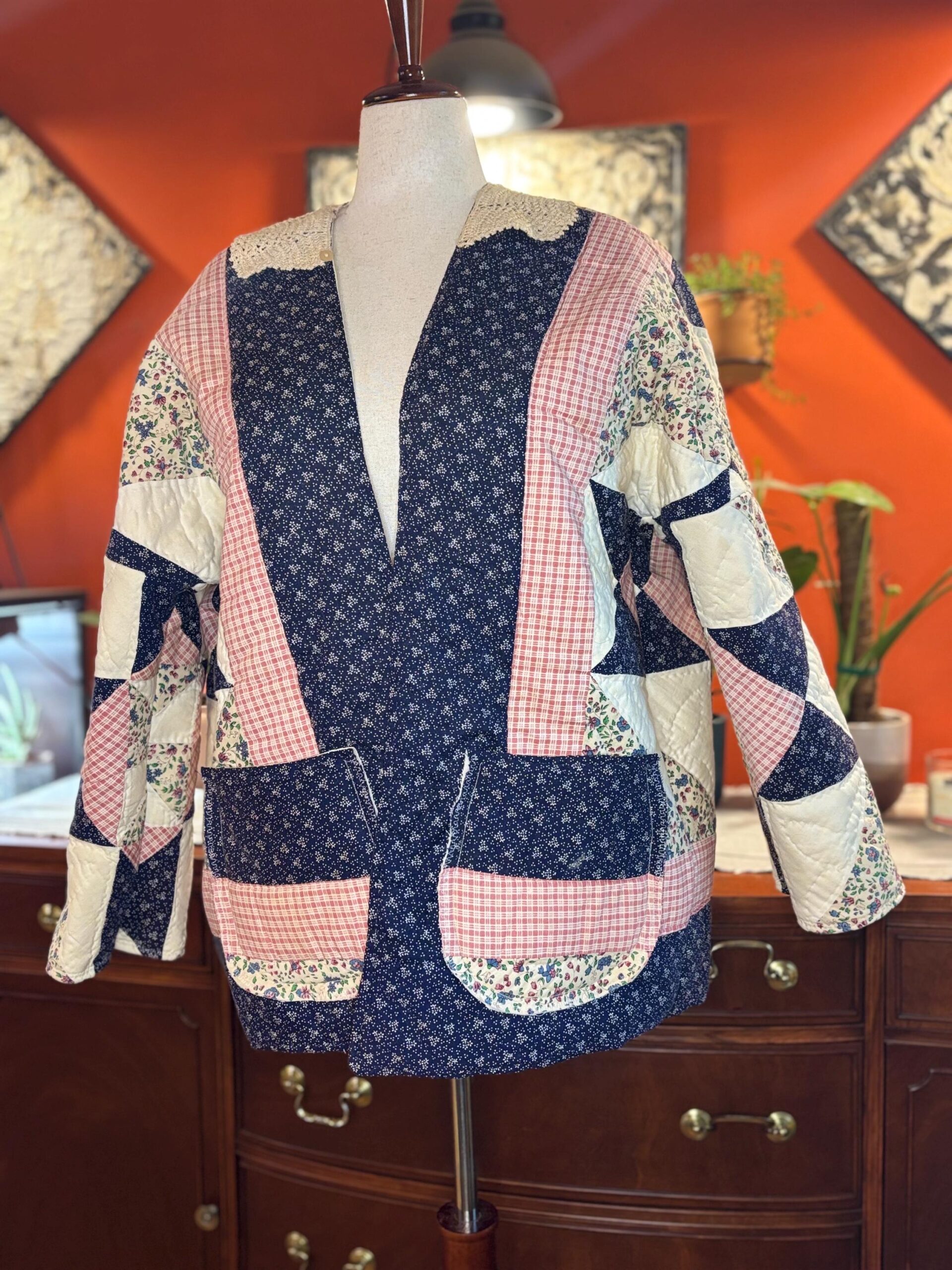 Handmade Quilt Coat | Vintage Crochet Collar, Navy Floral Plaid | One of a Kind