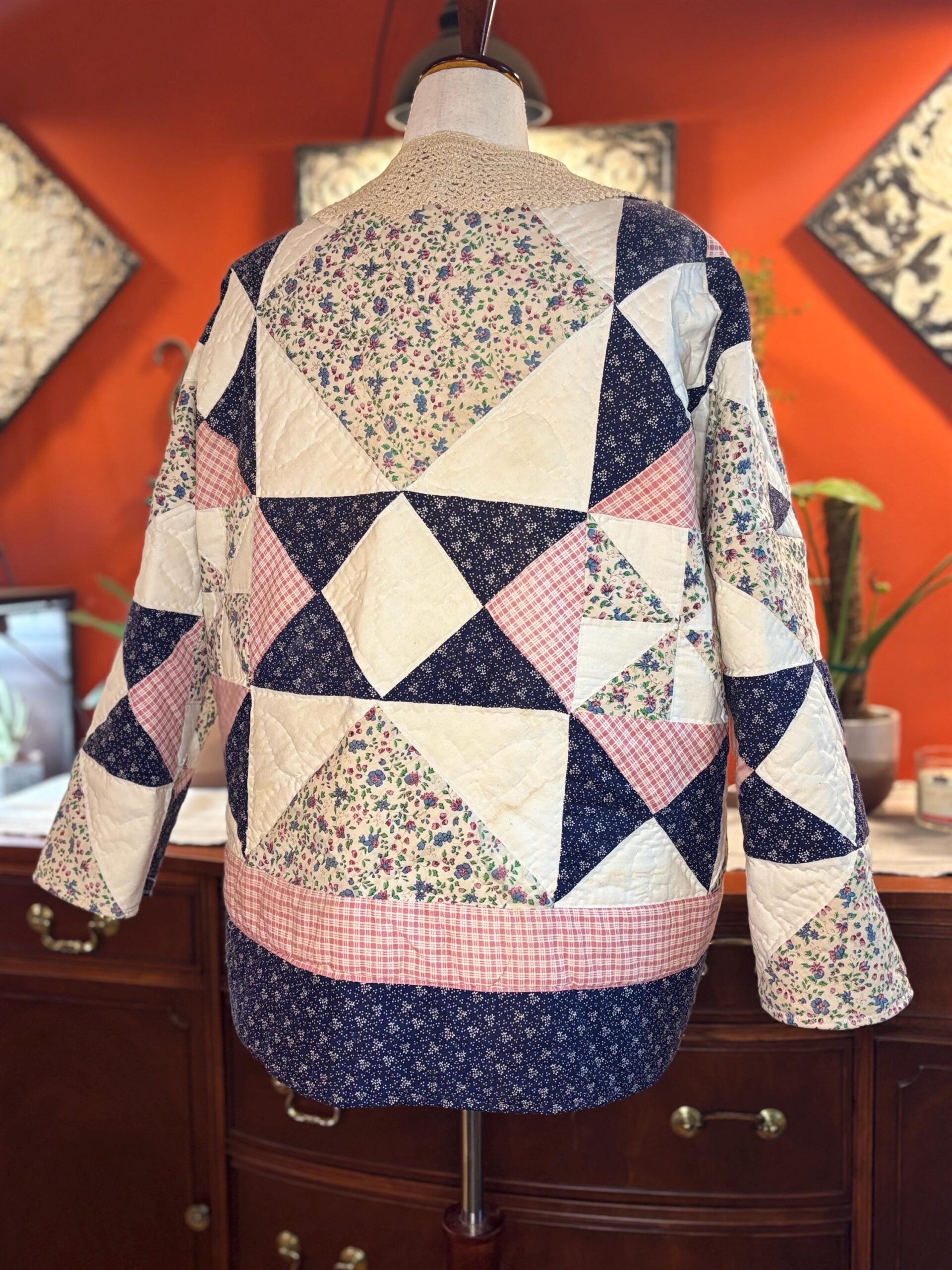 Handmade Quilt Coat | Vintage Crochet Collar, Navy Floral Plaid | One of a Kind