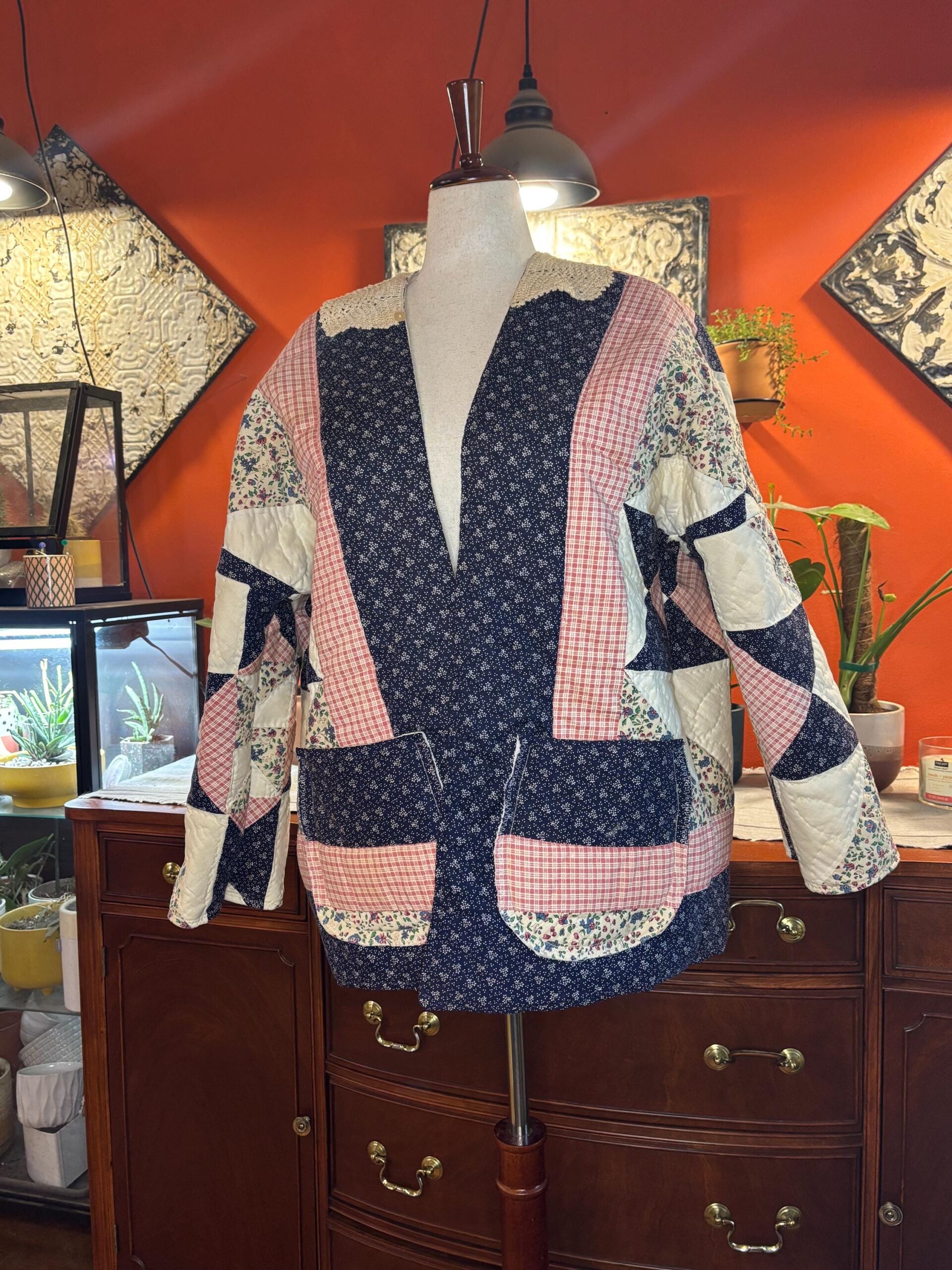 Handmade Quilt Coat | Vintage Crochet Collar, Navy Floral Plaid | One of a Kind
