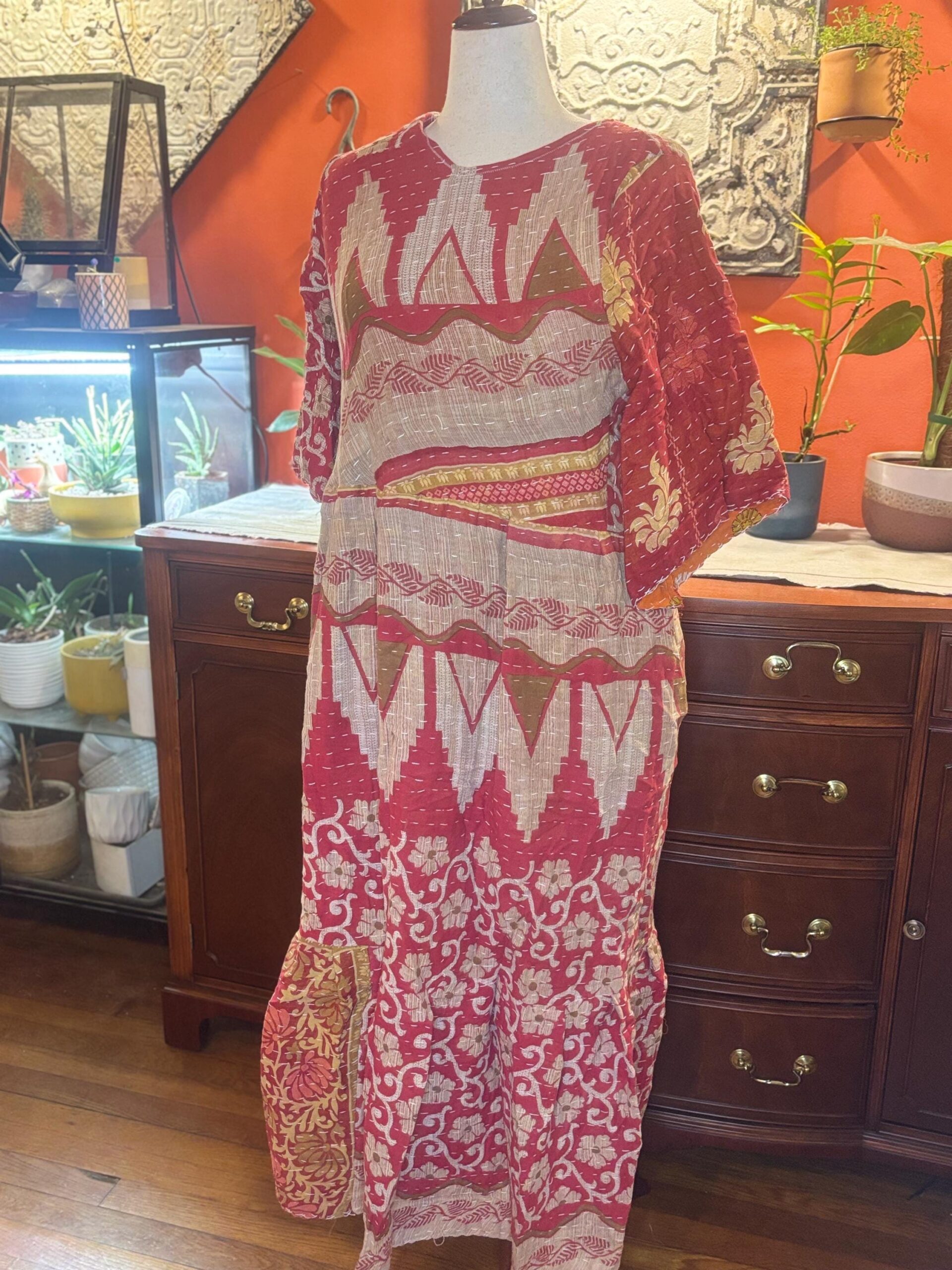 Rosalind | Vintage Sari Kantha Dress | Crimson Ikat Floral | One-of-a-Kind Upcycled Midi | Handmade by Wolfgang
