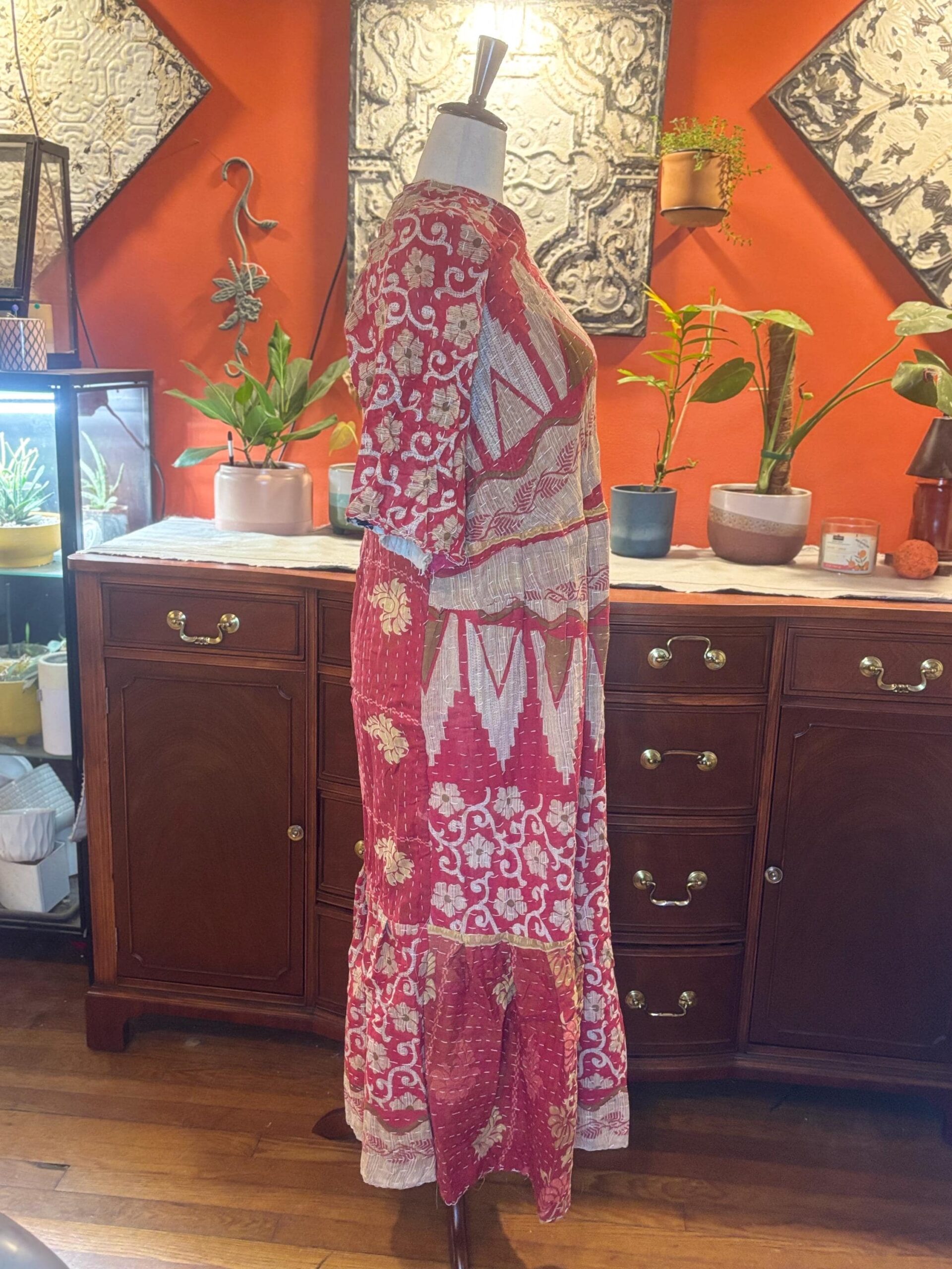 Rosalind | Vintage Sari Kantha Dress | Crimson Ikat Floral | One-of-a-Kind Upcycled Midi | Handmade by Wolfgang