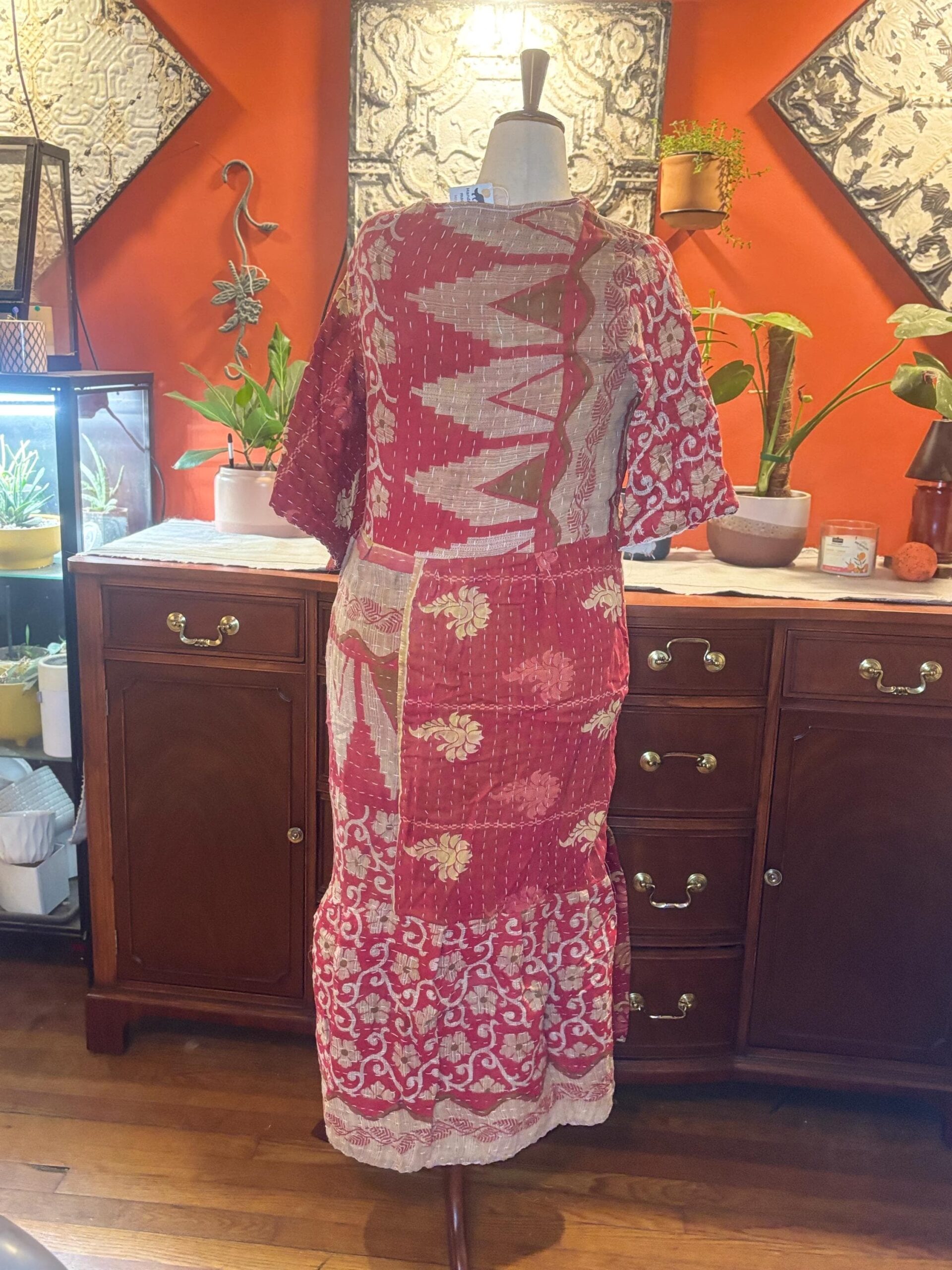Rosalind | Vintage Sari Kantha Dress | Crimson Ikat Floral | One-of-a-Kind Upcycled Midi | Handmade by Wolfgang