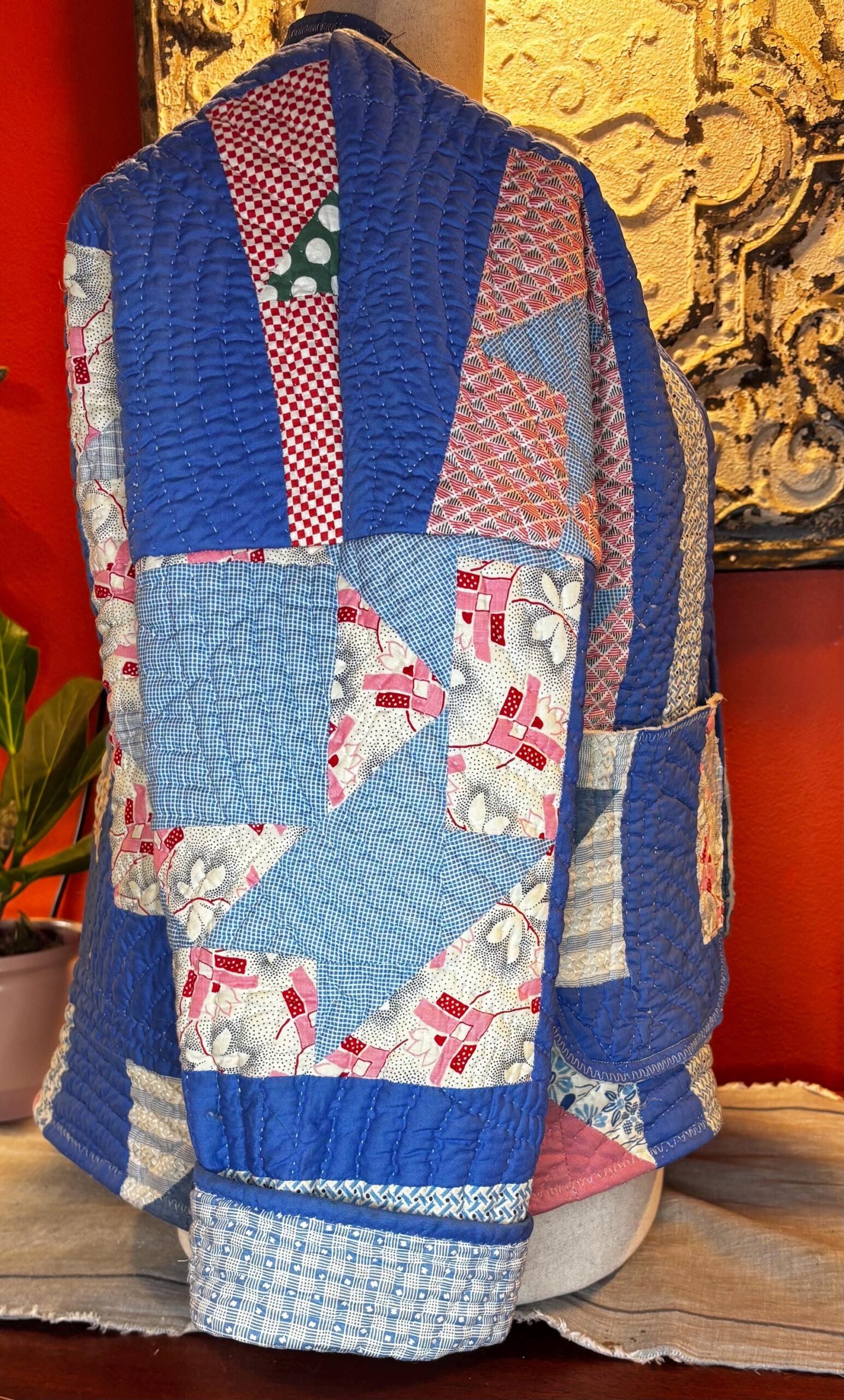 Vivienne Quilt Coat | 1930s-40s Feedsack Cobalt Blue Star Print Medium-XL