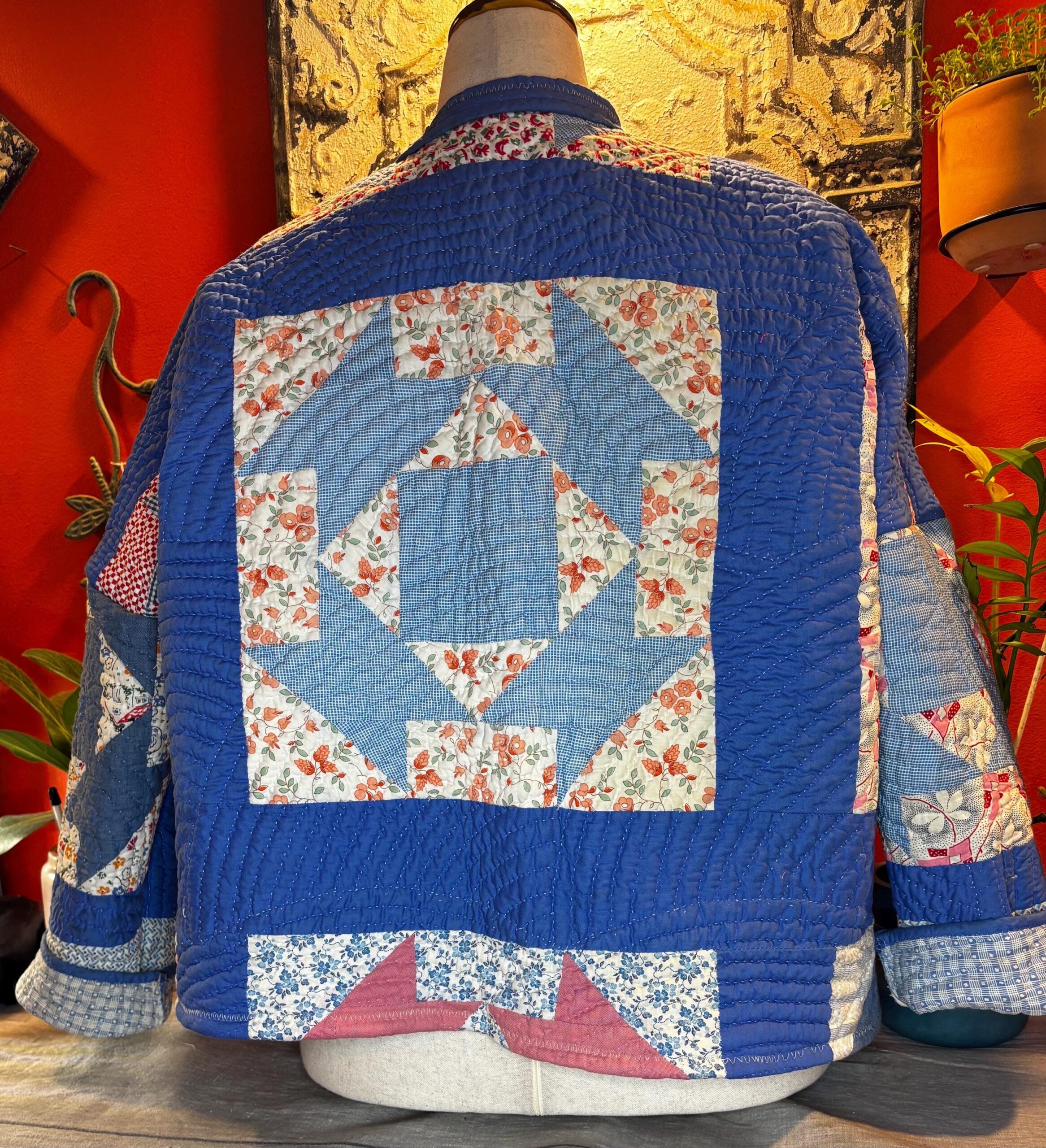Vivienne Quilt Coat | 1930s-40s Feedsack Cobalt Blue Star Print Medium-XL