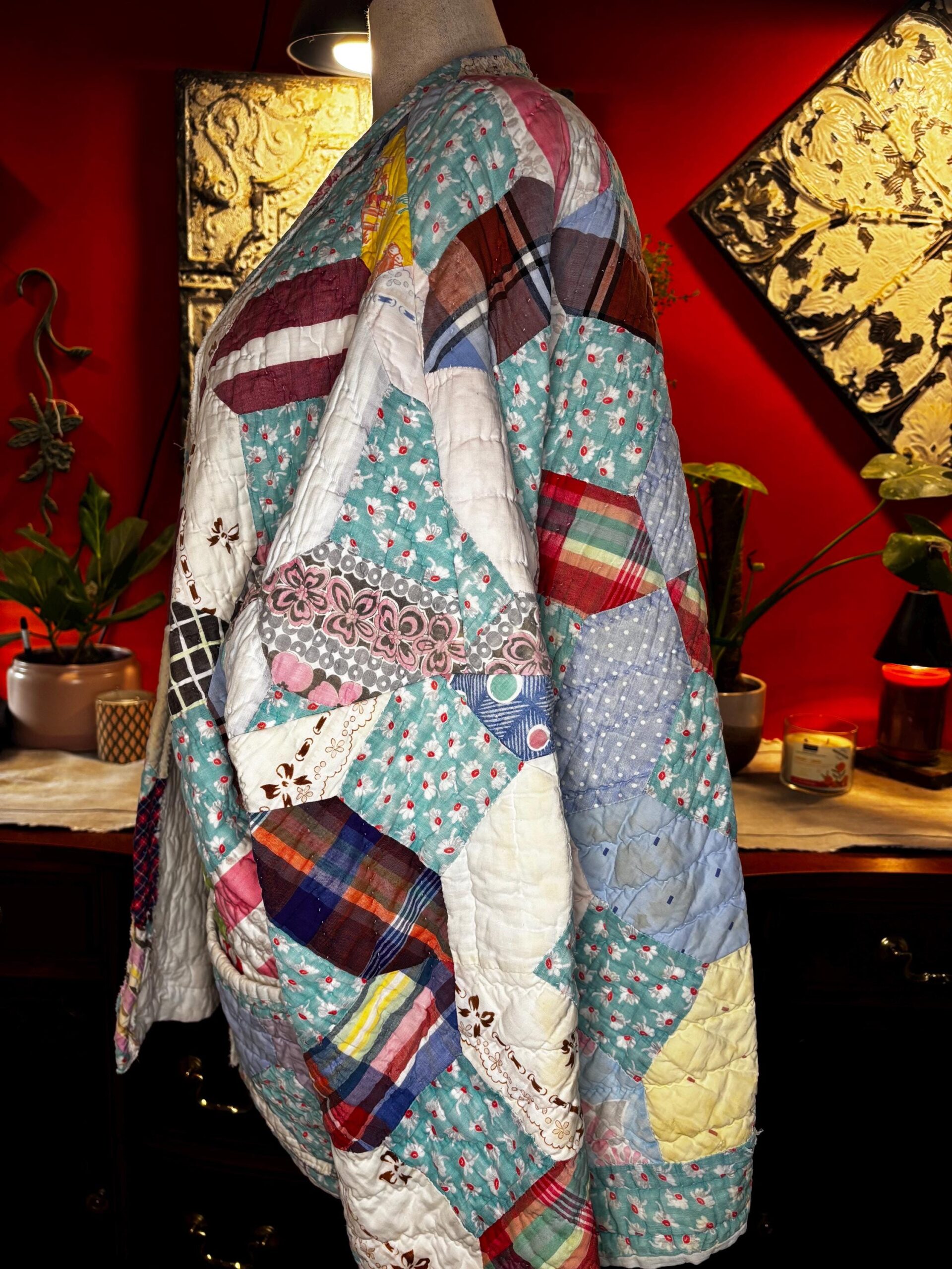 Scrappy Vintage Quilt Coat | 1930s-50s Plaid Floral Mix | One of a Kind Medium-XXL