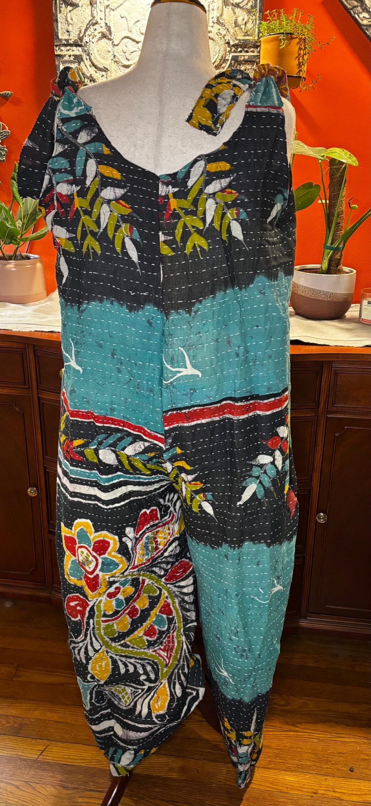 Sparrow Handmade Kantha Jumpsuit  Tie Shoulder  Bird & Botanical Print  Large to XL Wolfgang
