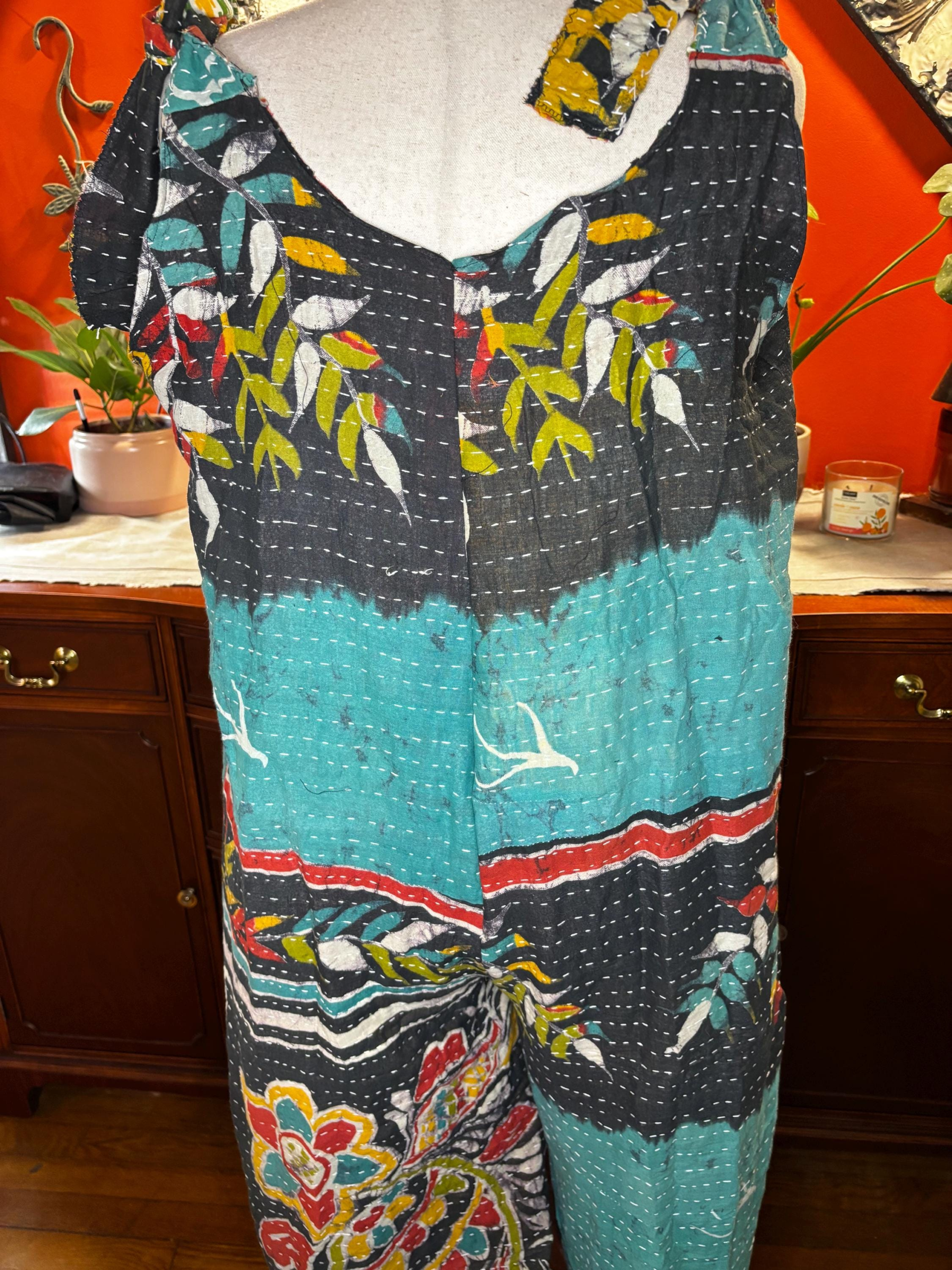 Sparrow Handmade Kantha Jumpsuit  Tie Shoulder  Bird & Botanical Print  Large to XL Wolfgang