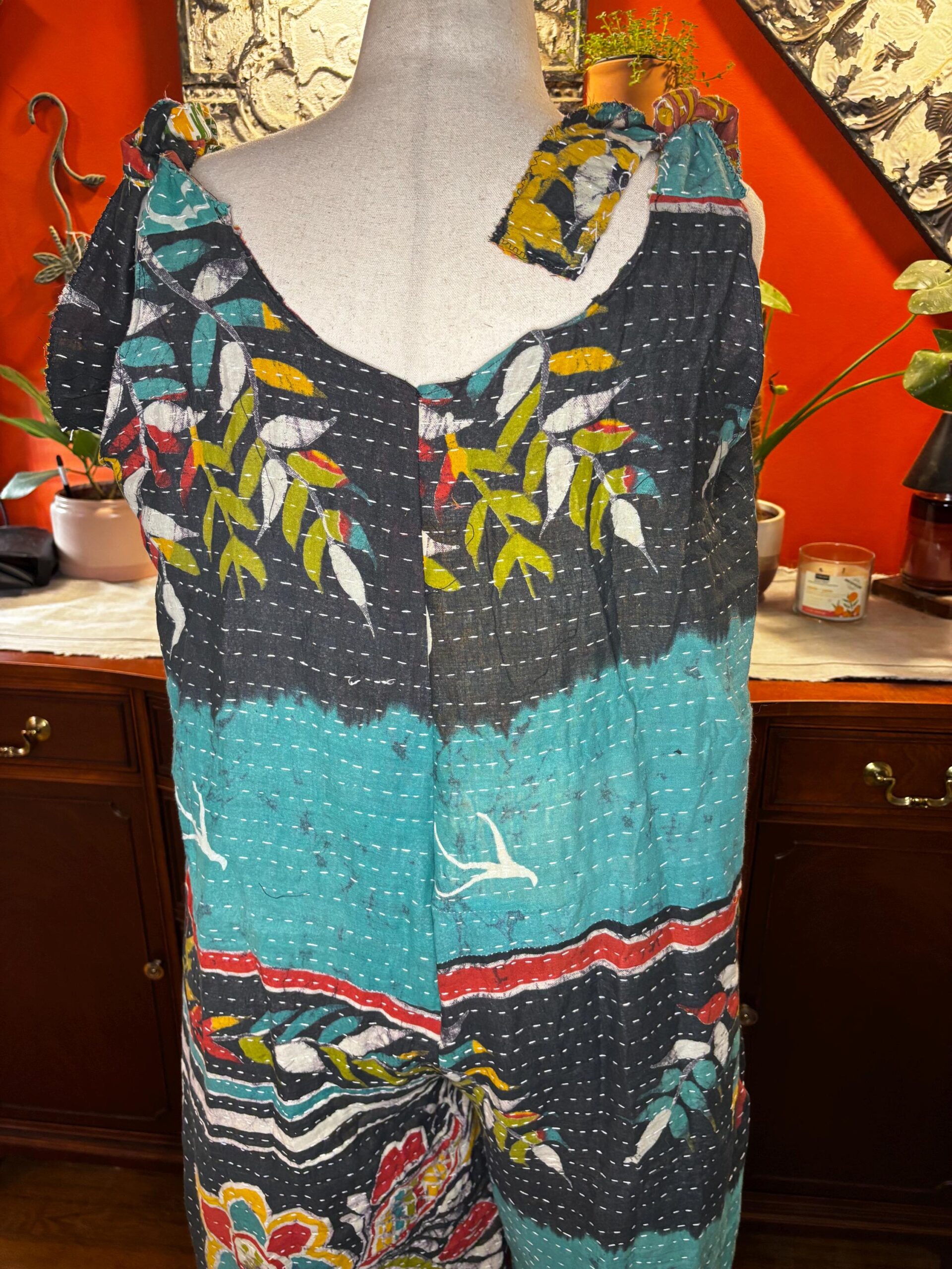 Sparrow Handmade Kantha Jumpsuit  Tie Shoulder  Bird & Botanical Print  Large to XL Wolfgang