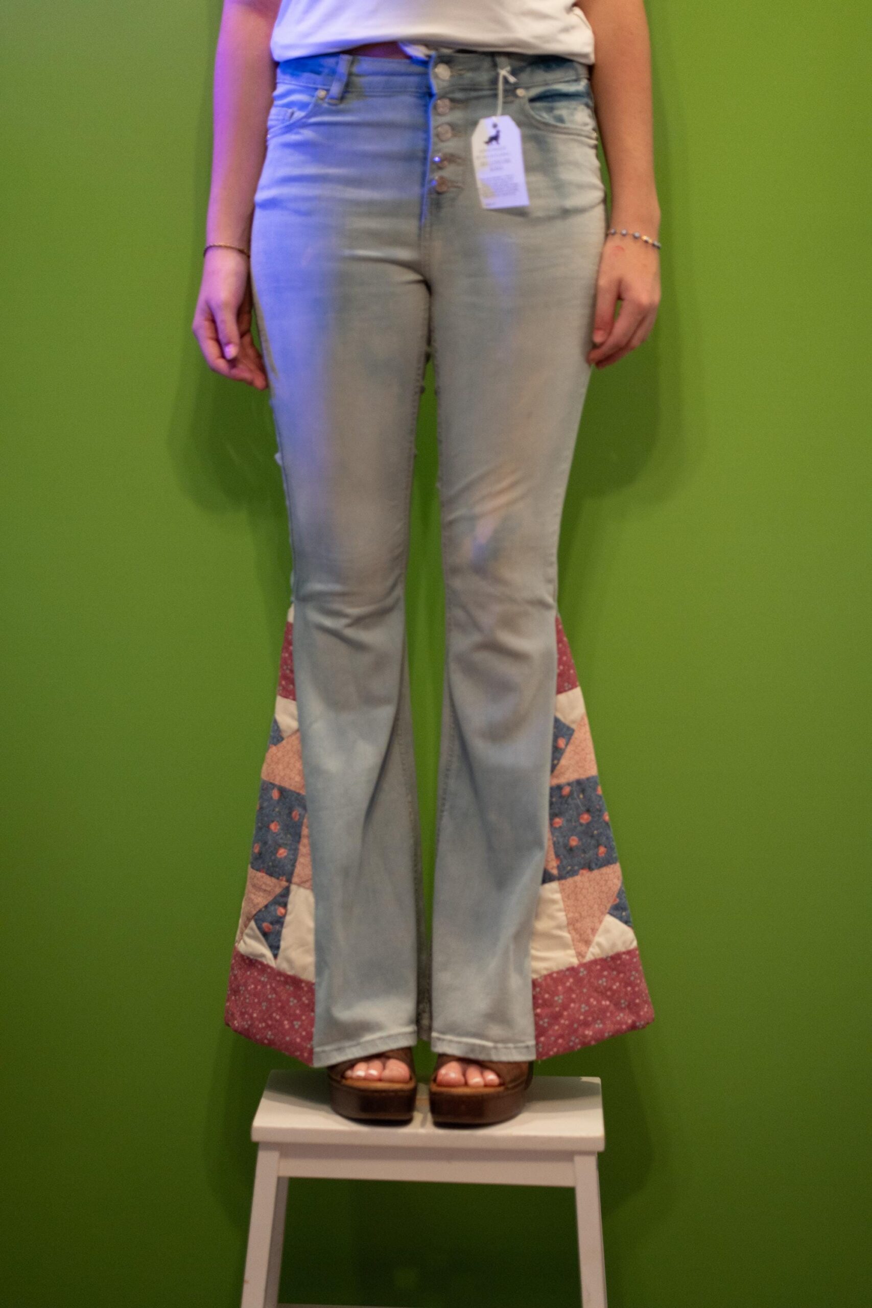 Joni | Upcycled Bell Bottom Jeans | Vintage Quilt Panels | Size 27 | One of a Kind | Wolfgang