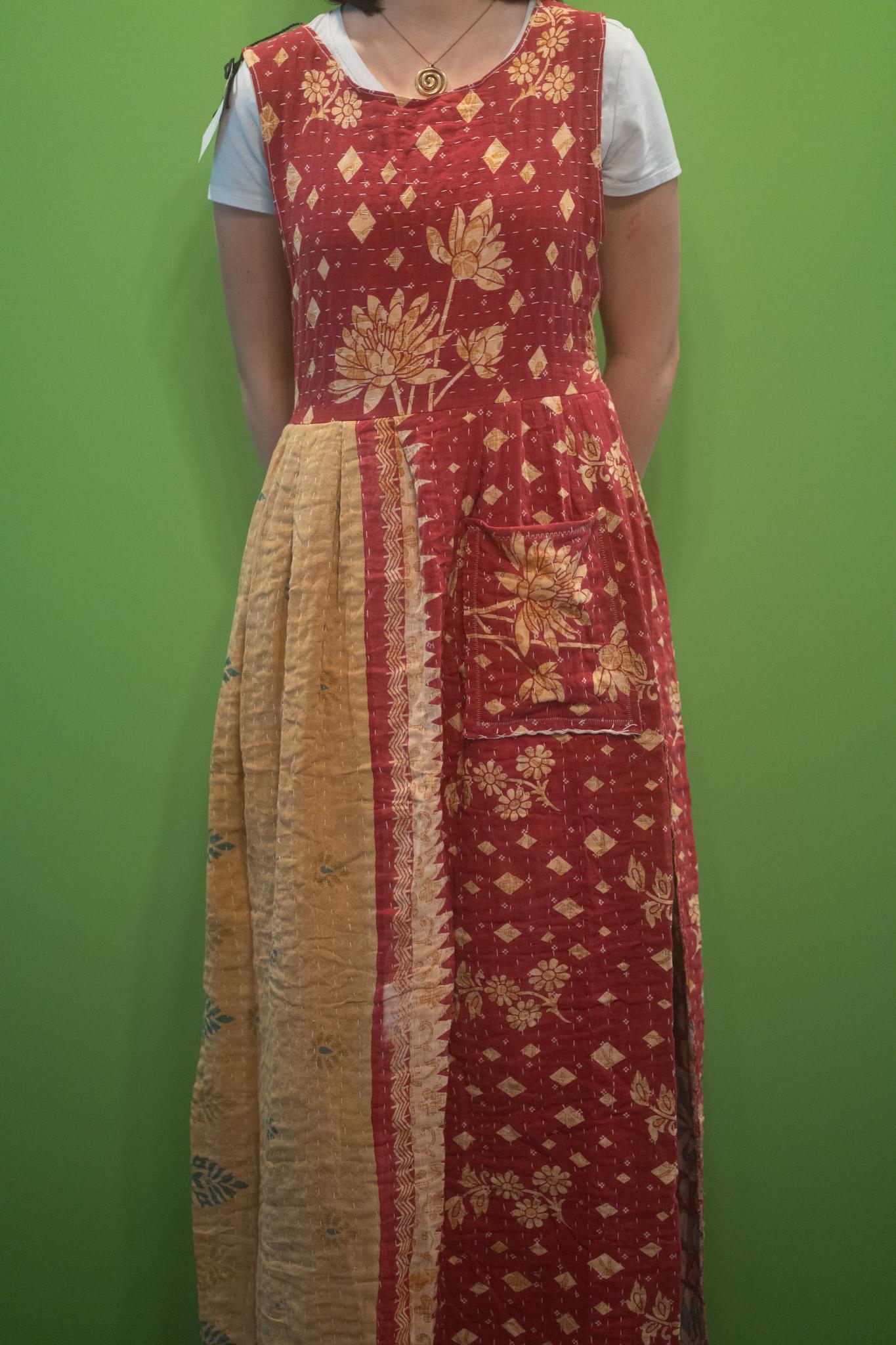 Apron style side tie wrap maxi dress made from repurposed sari “Lotus” XS/S