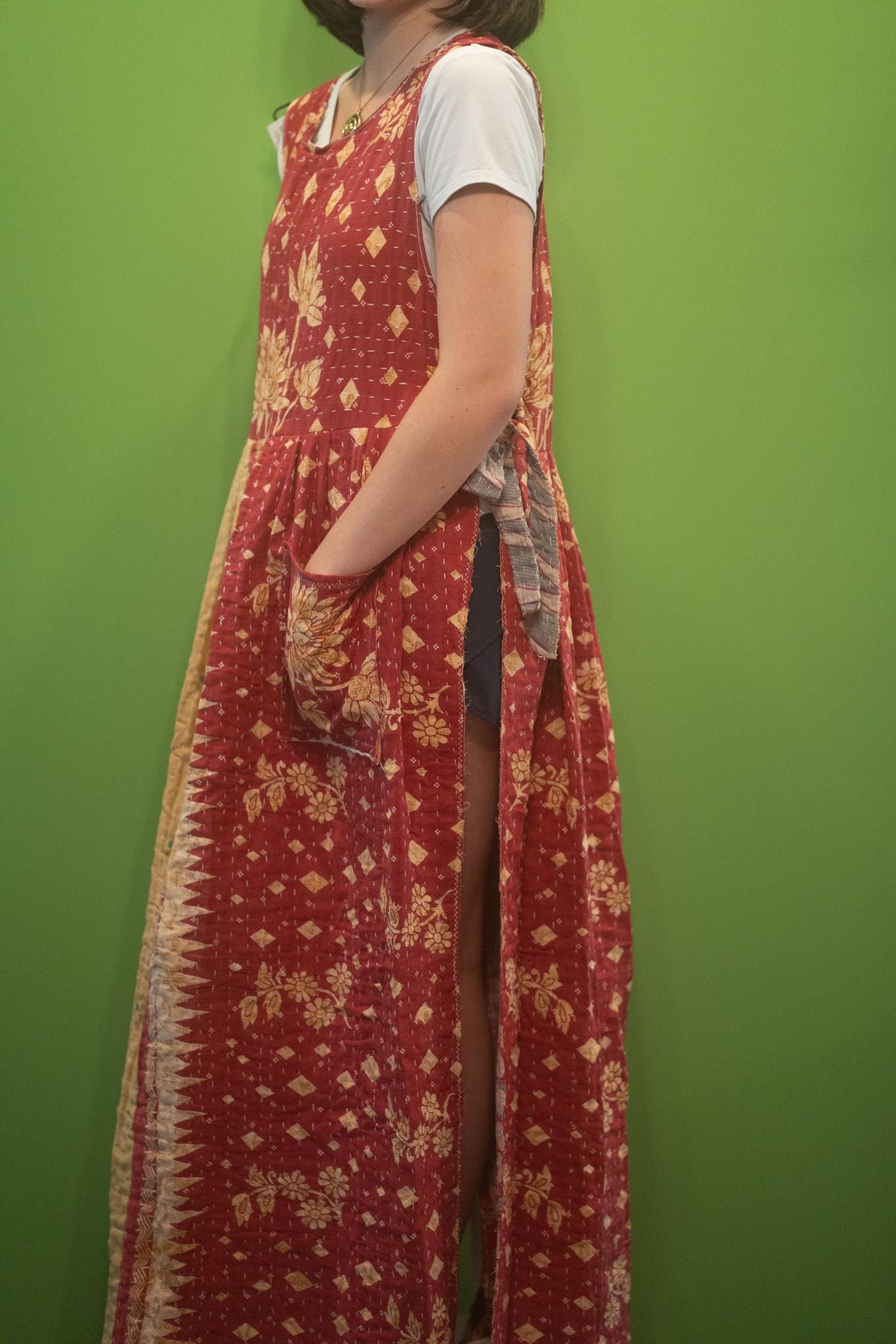 Apron style side tie wrap maxi dress made from repurposed sari “Lotus” XS/S