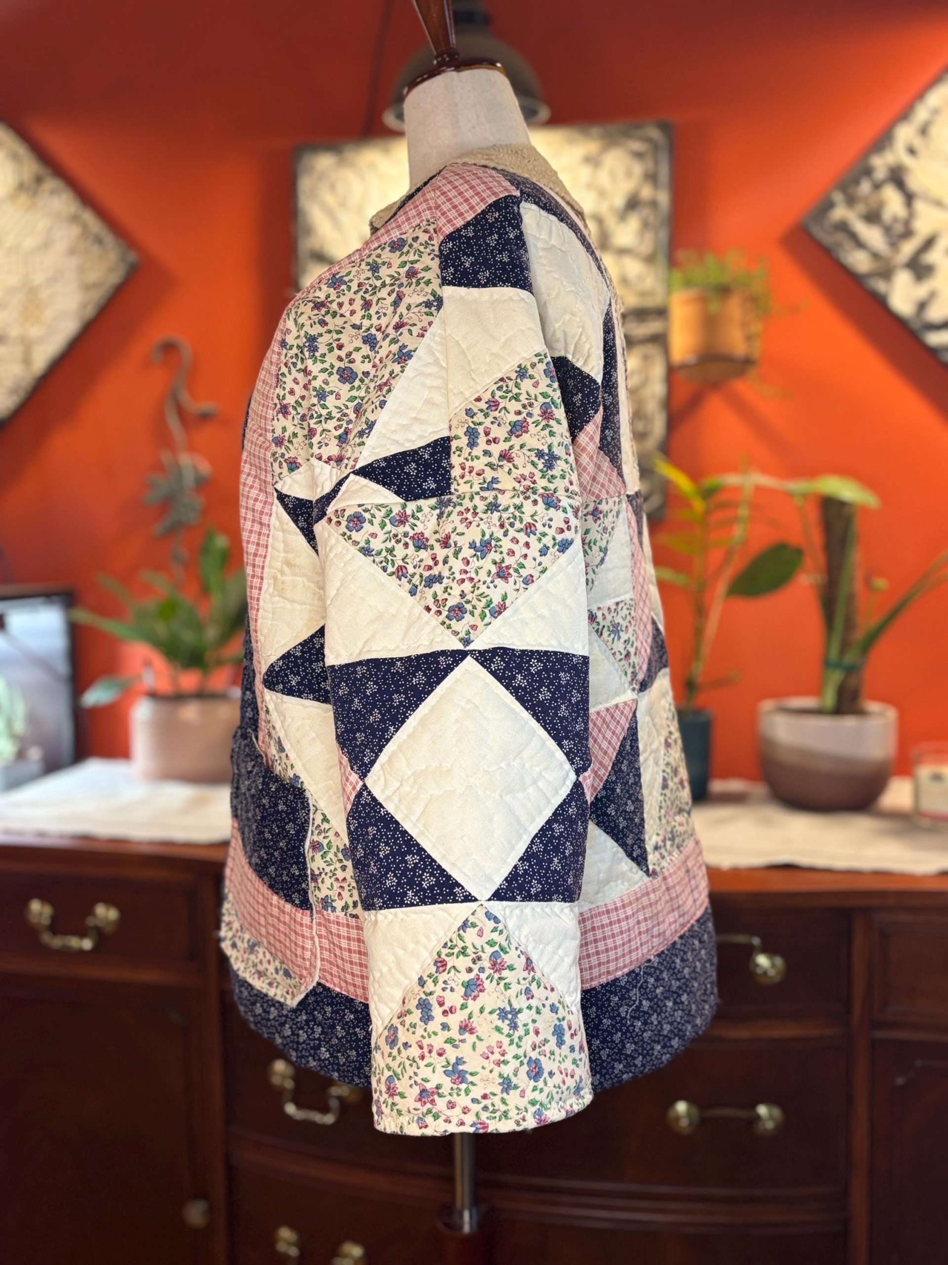 Handmade Quilt Coat | Vintage Crochet Collar, Navy Floral Plaid | One of a Kind