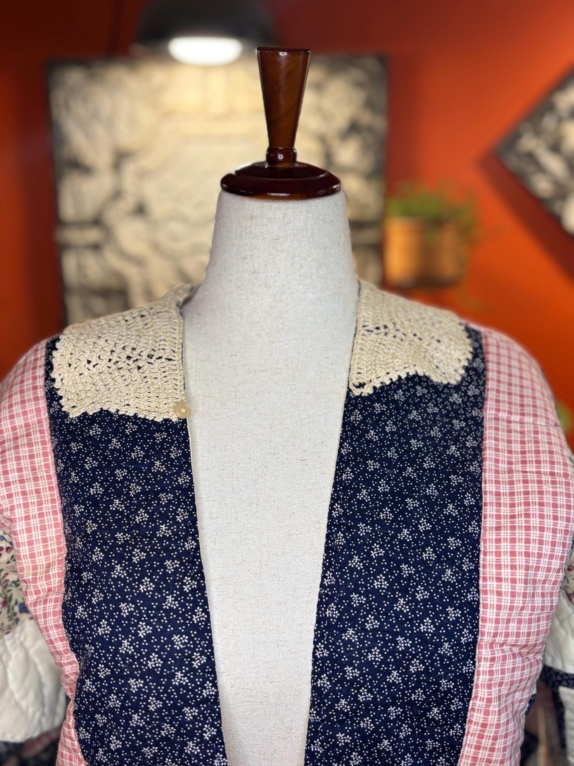Handmade Quilt Coat | Vintage Crochet Collar, Navy Floral Plaid | One of a Kind