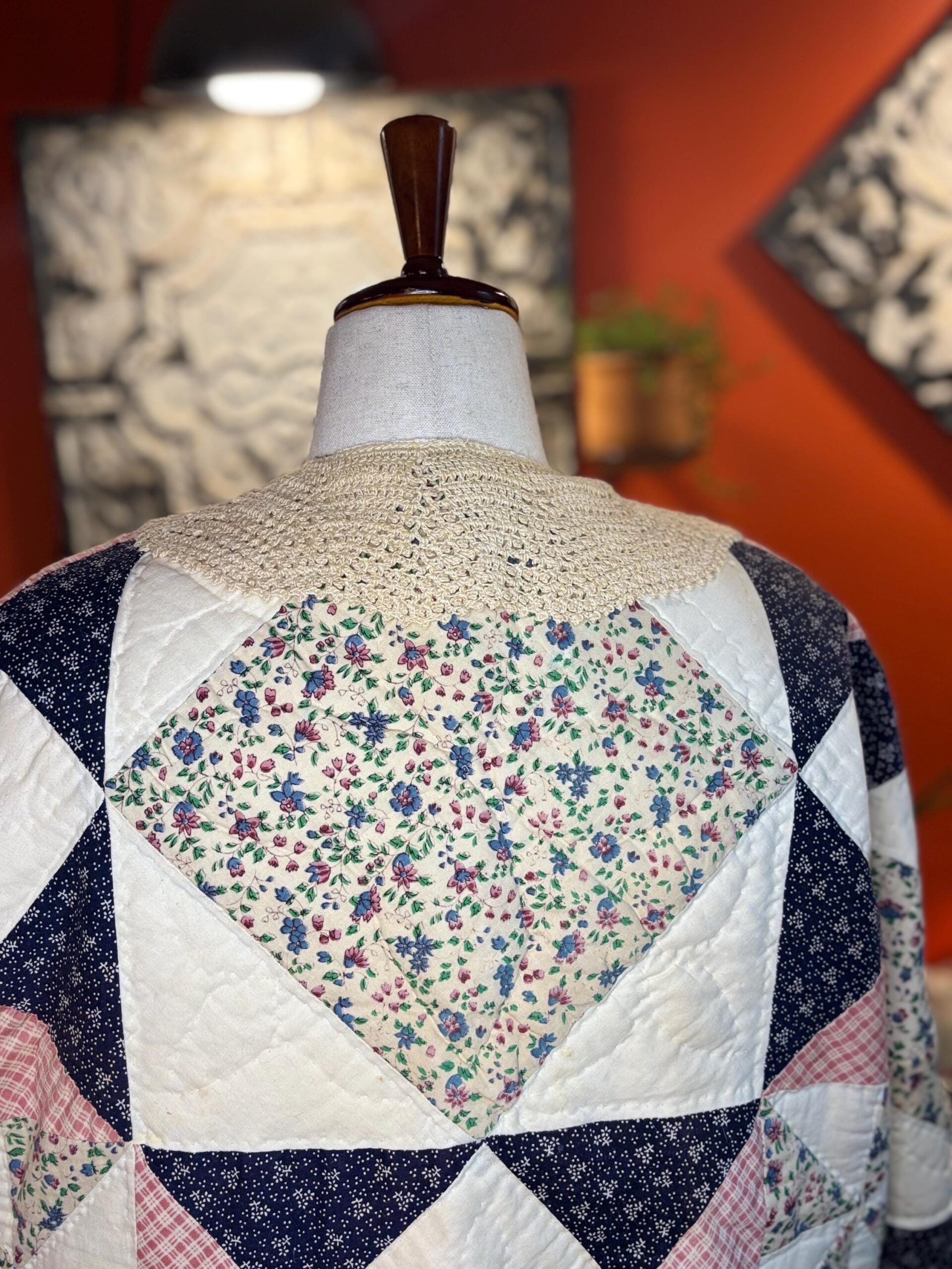 Handmade Quilt Coat | Vintage Crochet Collar, Navy Floral Plaid | One of a Kind