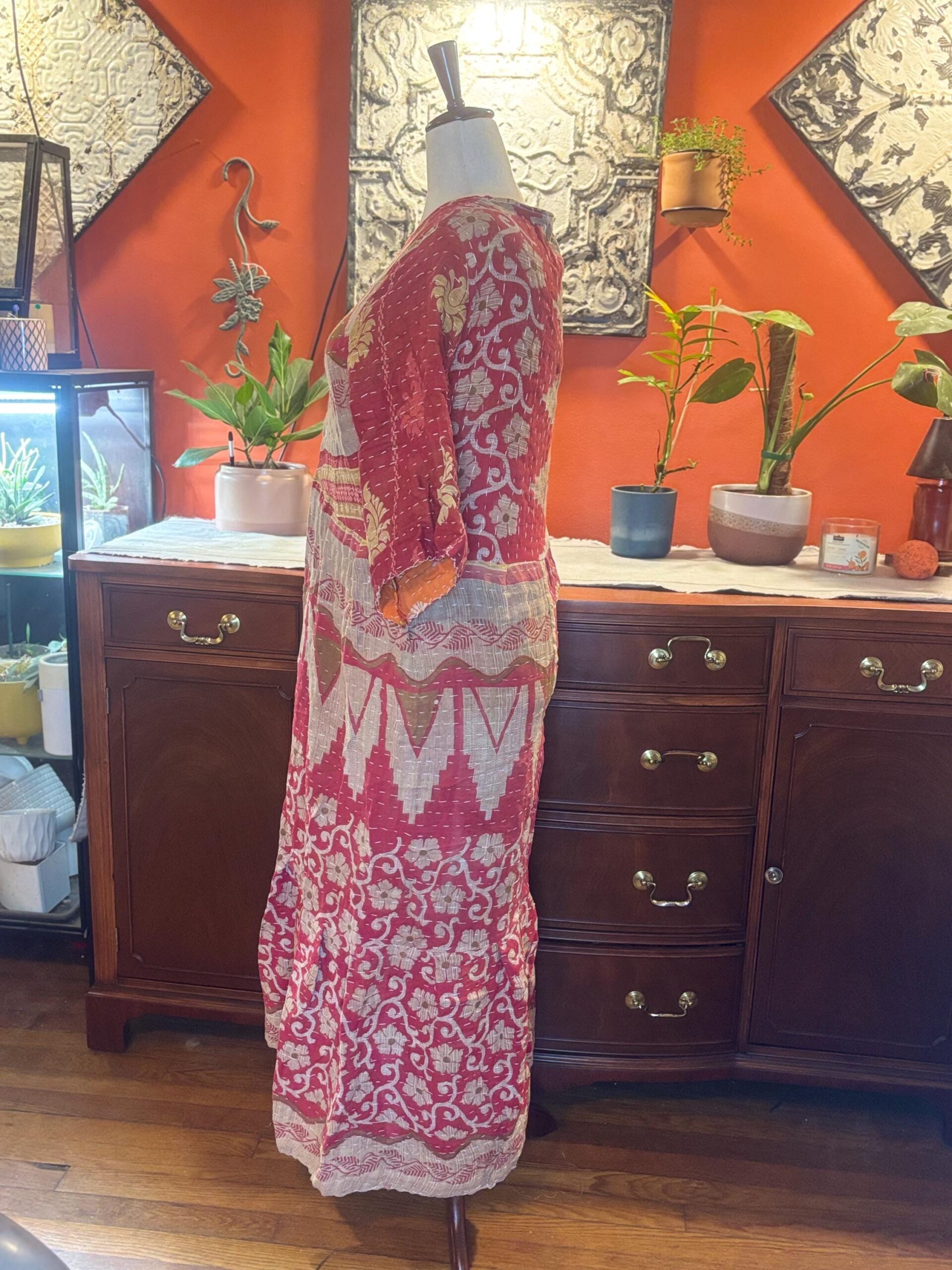 Rosalind | Vintage Sari Kantha Dress | Crimson Ikat Floral | One-of-a-Kind Upcycled Midi | Handmade by Wolfgang