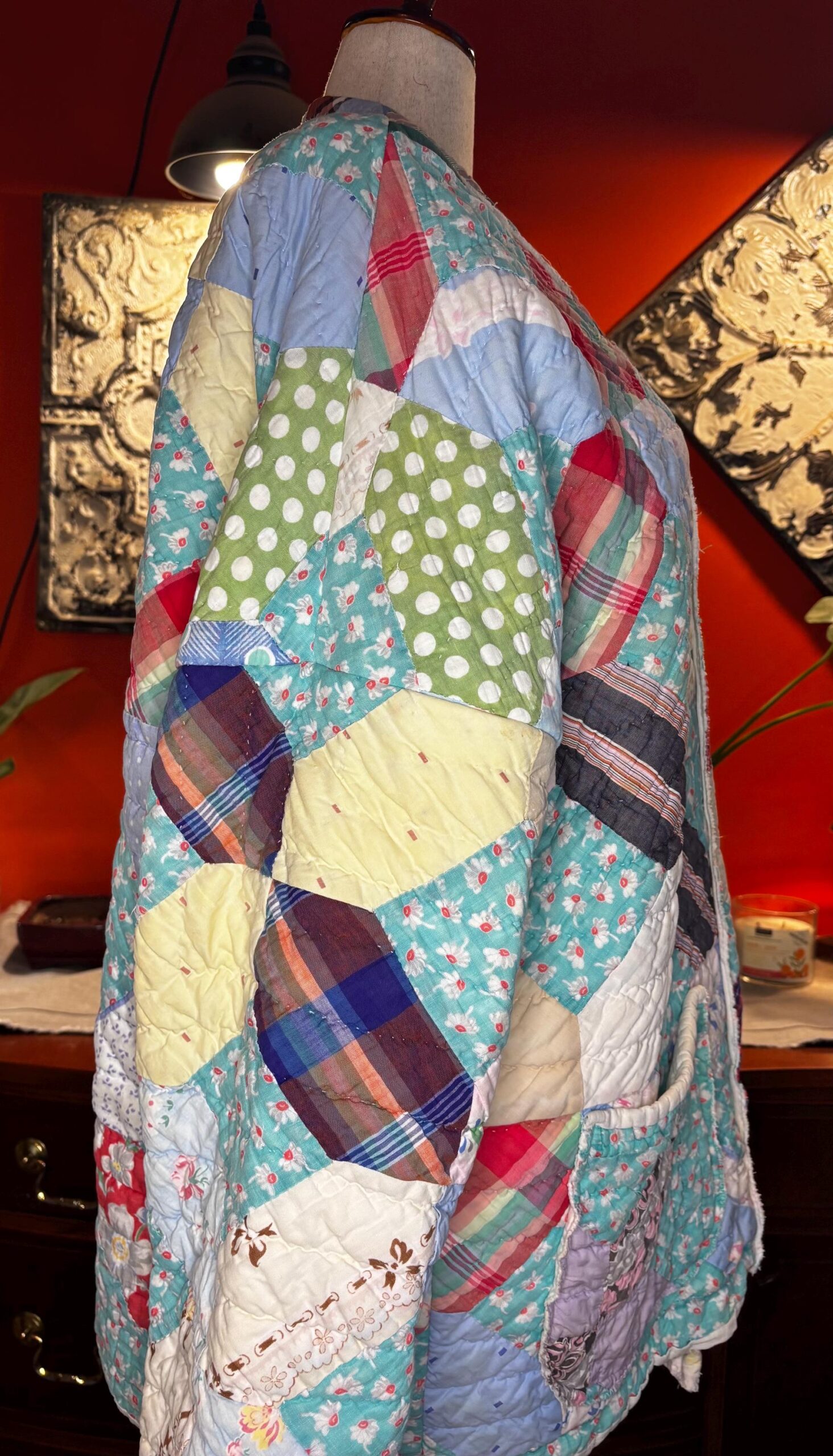 Scrappy Vintage Quilt Coat | 1930s-50s Plaid Floral Mix | One of a Kind Medium-XXL