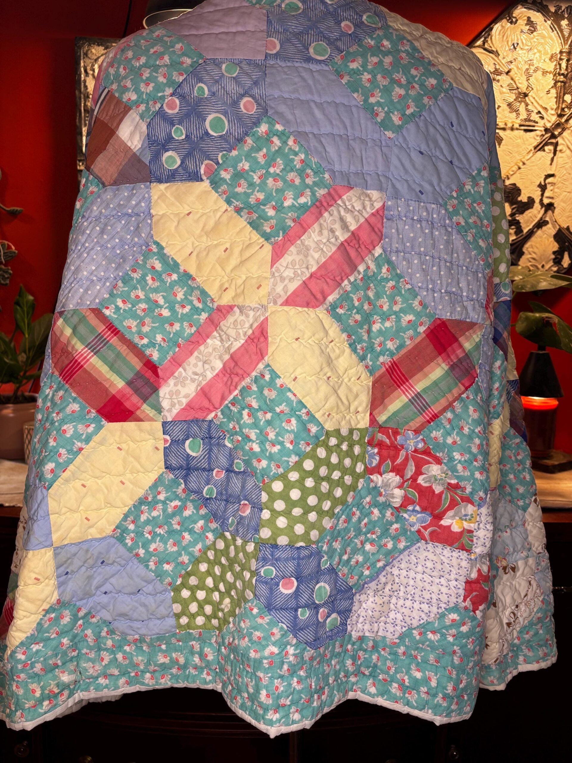 Scrappy Vintage Quilt Coat | 1930s-50s Plaid Floral Mix | One of a Kind Medium-XXL