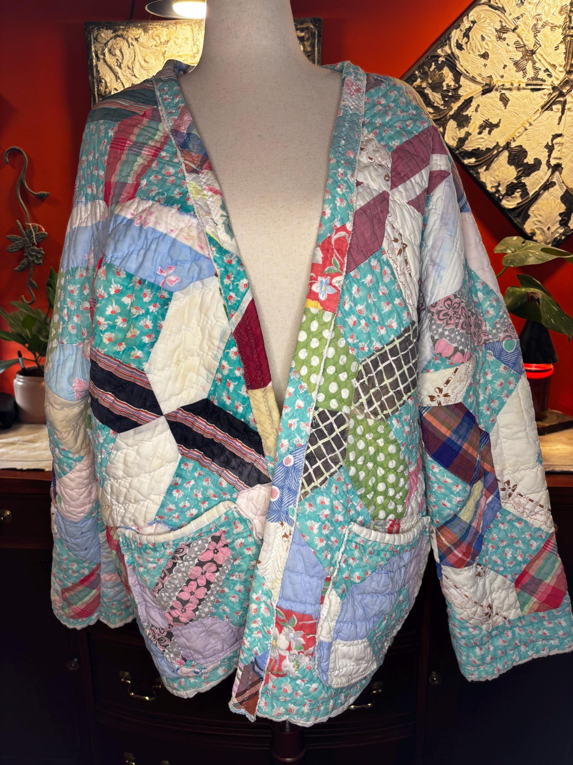 Scrappy Vintage Quilt Coat | 1930s-50s Plaid Floral Mix | One of a Kind Medium-XXL