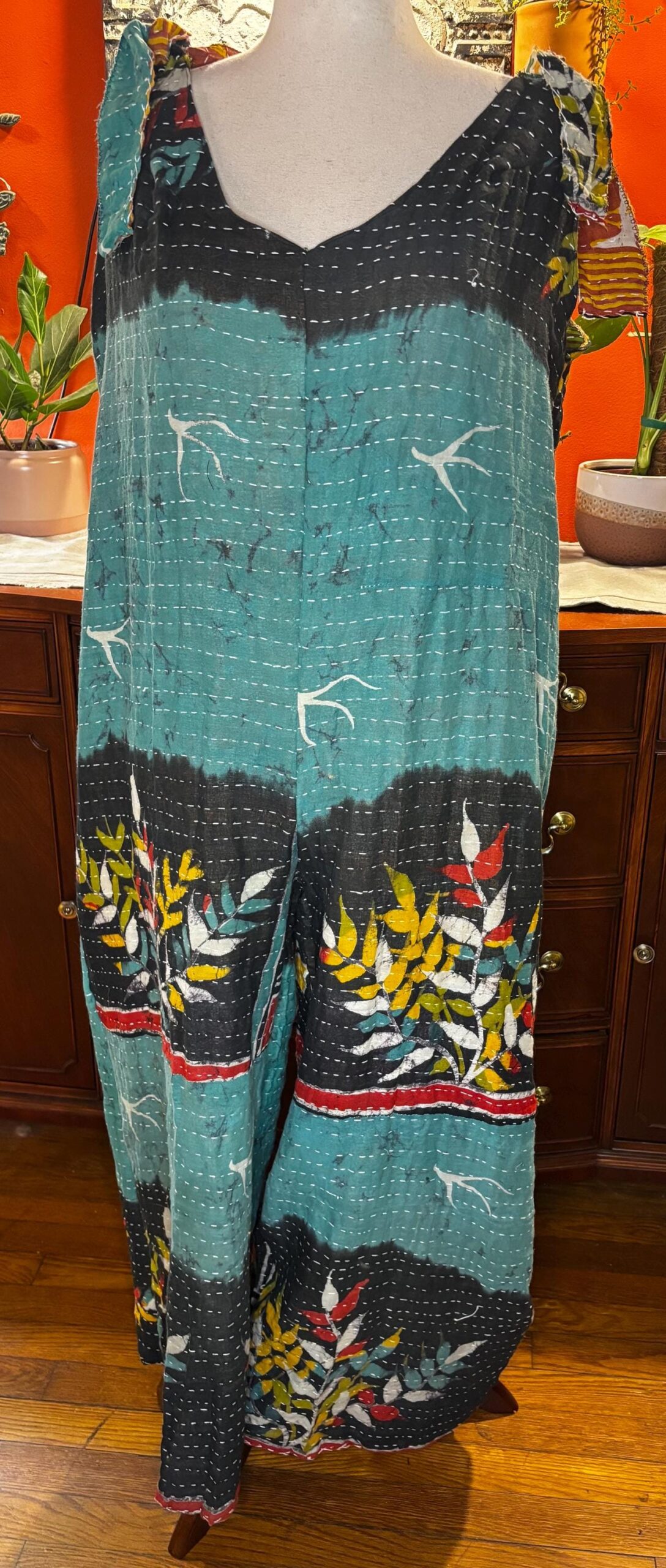 Sparrow Handmade Kantha Jumpsuit  Tie Shoulder  Bird & Botanical Print  Large to XL Wolfgang