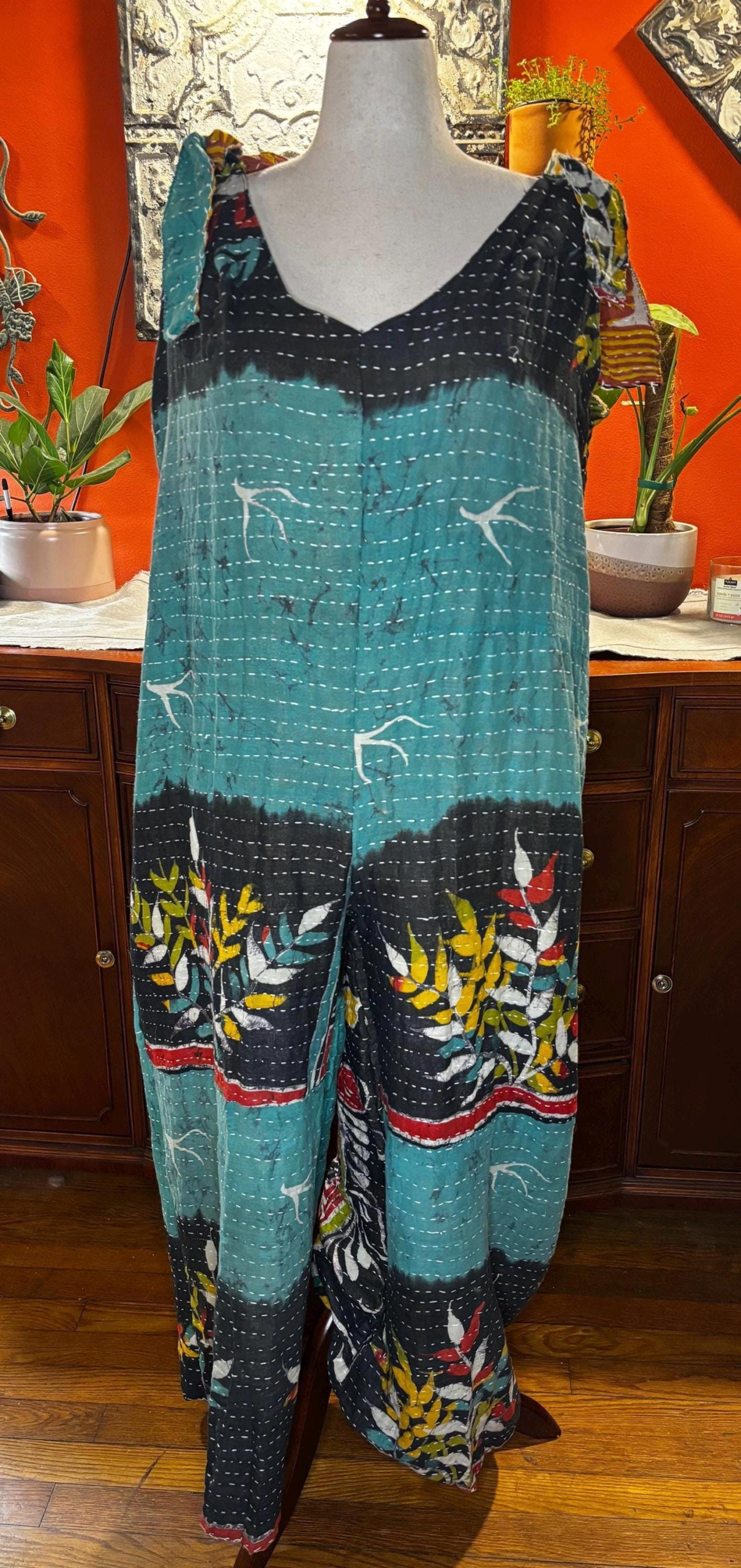 Sparrow Handmade Kantha Jumpsuit  Tie Shoulder  Bird & Botanical Print  Large to XL Wolfgang